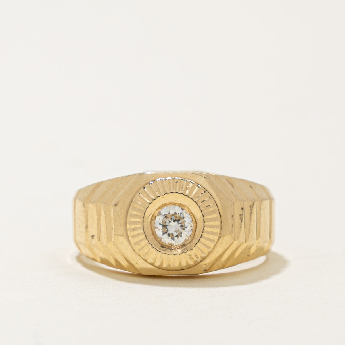14k Solitaire Diamond Grooved Geometric Signet Ring | 0.20ct | SZ 7.5