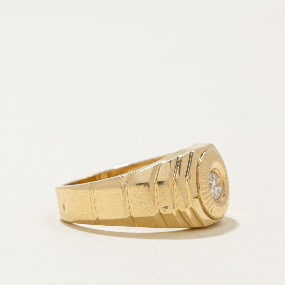 14k Solitaire Diamond Grooved Geometric Signet Ring | 0.20ct | SZ 7.5