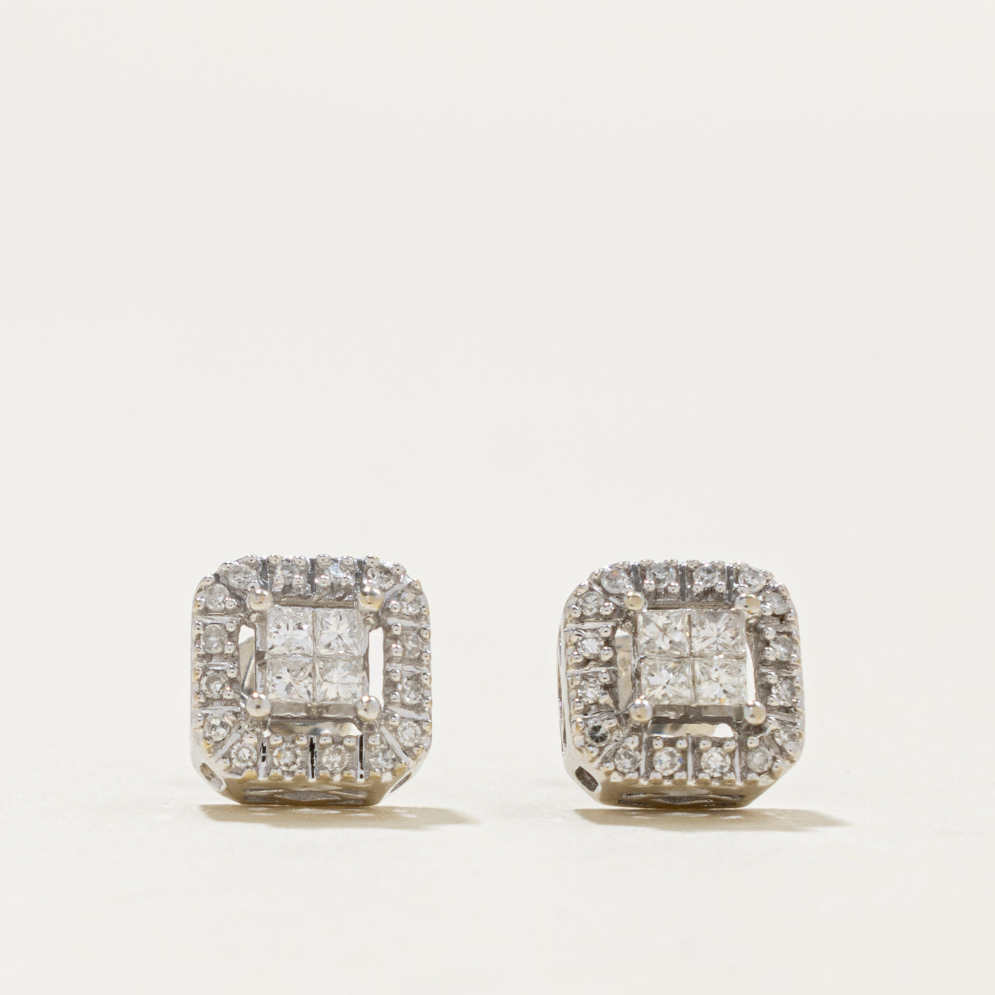 14k Princess Cut Diamond Cluster Halo Stud Earrings | 0.24ctw