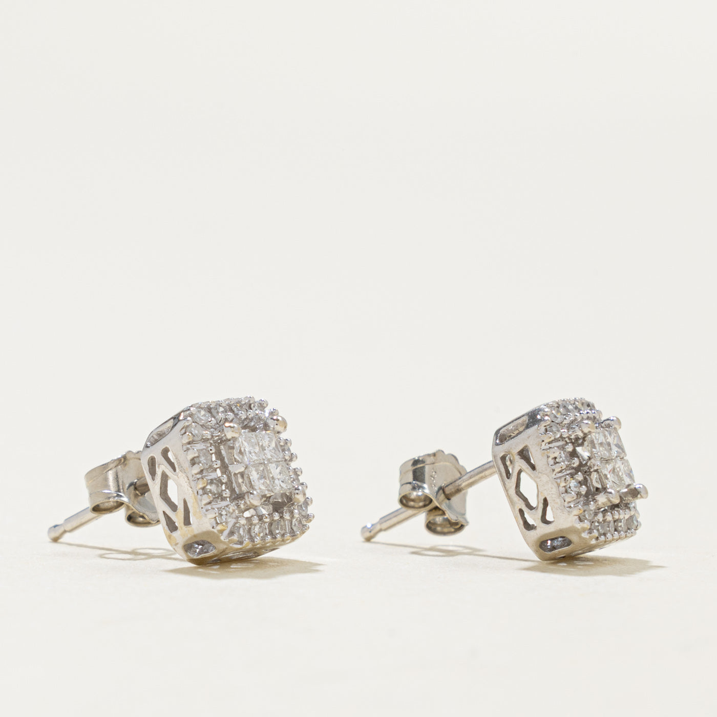 14k Princess Cut Diamond Cluster Halo Stud Earrings | 0.24ctw