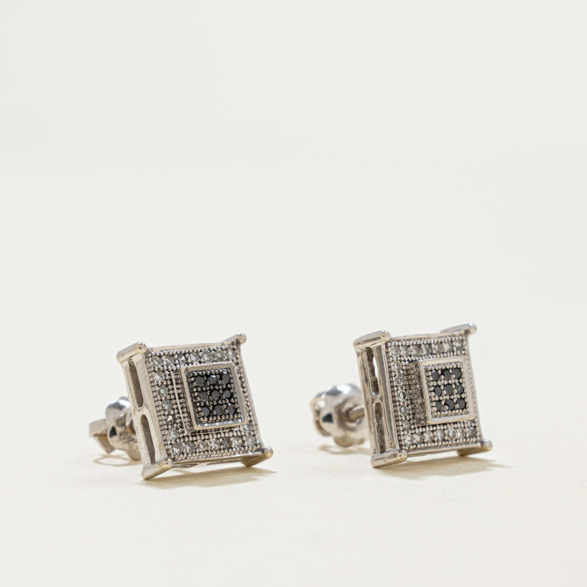 10k Black & White Diamond Square Cluster Stud Earrings | 0.10ctw