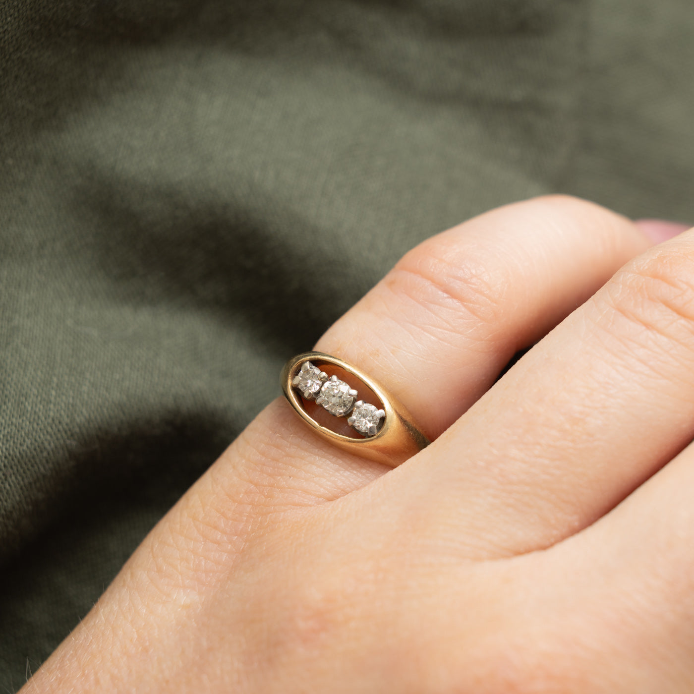 14k Three Stone Old Mine Cut Diamond Open Dome Ring | 0.22ctw | SZ 3.75