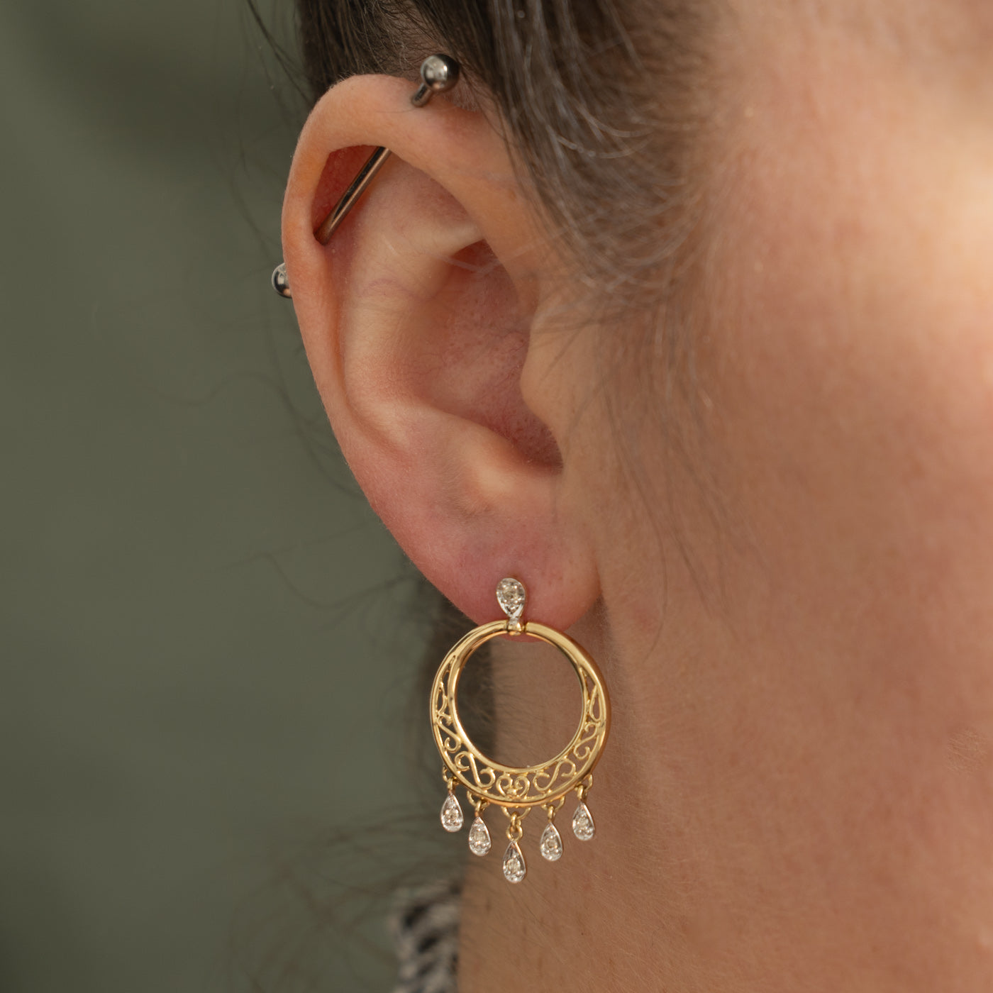 14k Diamond Filigree Circluar Drop Earrings | 0.14ctw