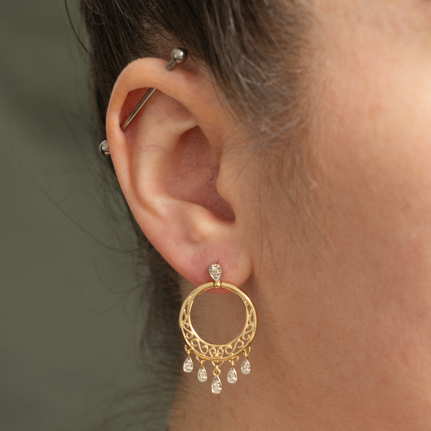 14k Diamond Filigree Circular Drop Earrings | 0.14ctw