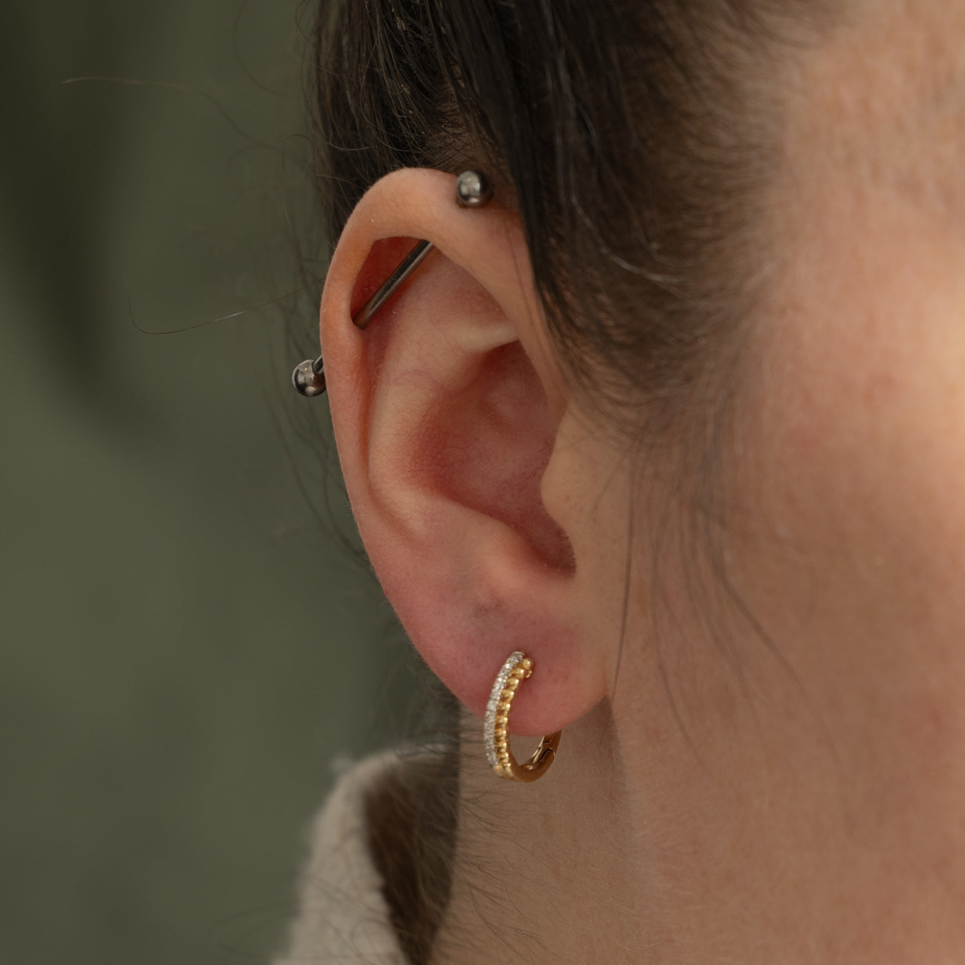 14k Diamond Bead Textured Hoop Earrings | 0.11ctw