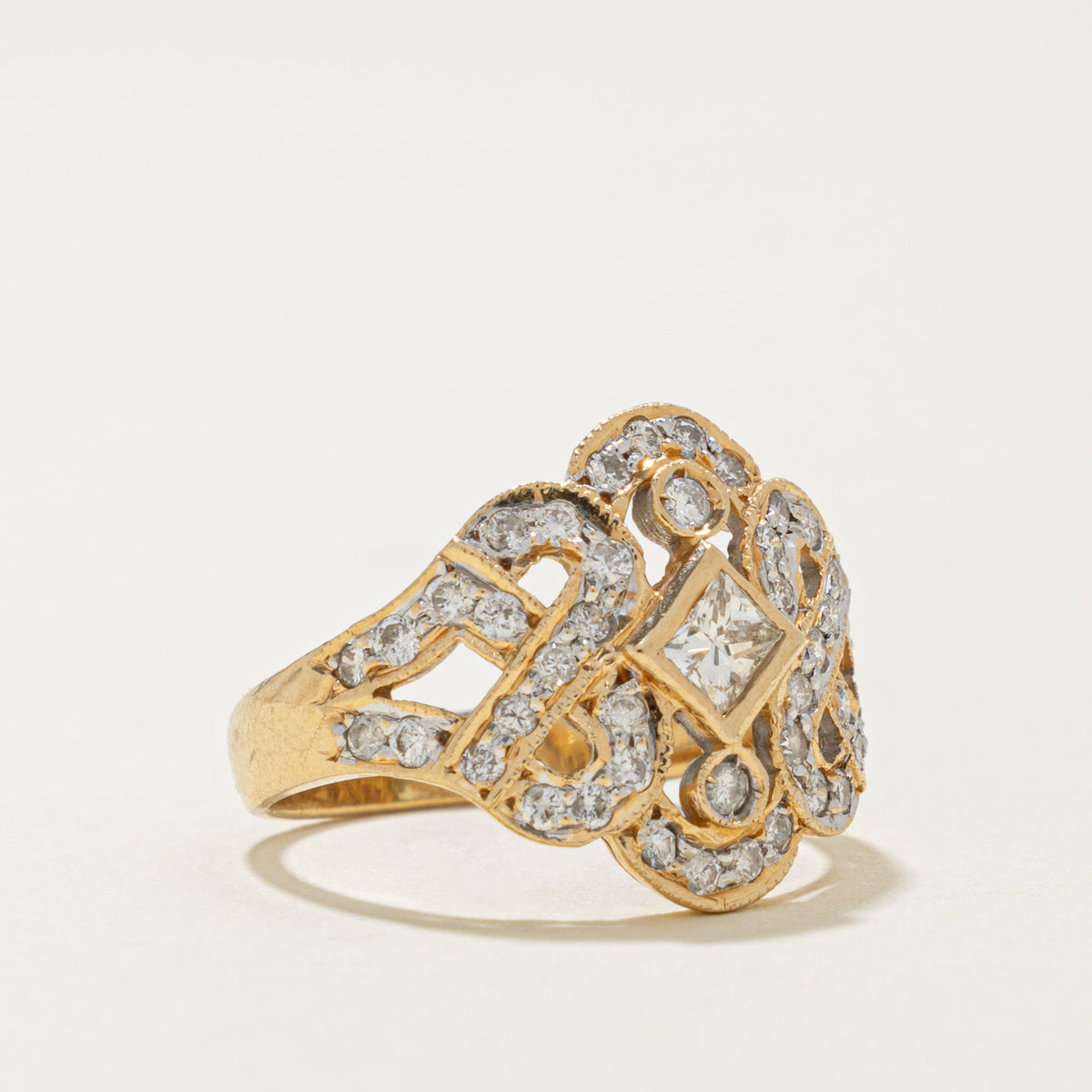 18k Bezel Set Radiant Cut Diamond Openwork & Scrollwork Ring | 0.42ctw | SZ 6