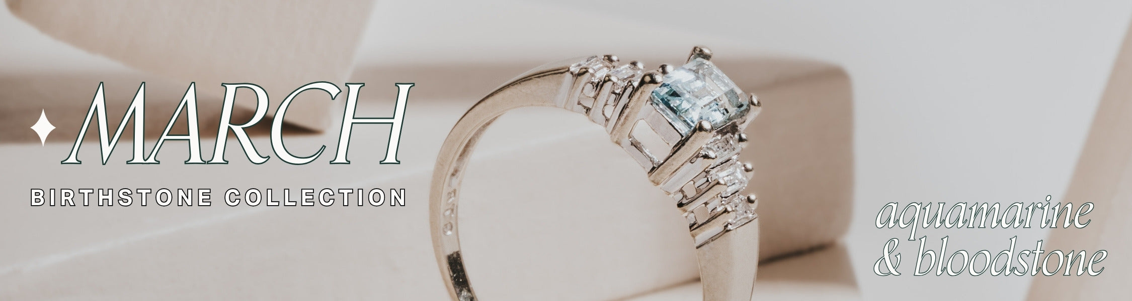 image of an aquamarine and white gold ring on creamy grey background. title text reads: march birthstone collection; aquamarine & bloodstone
