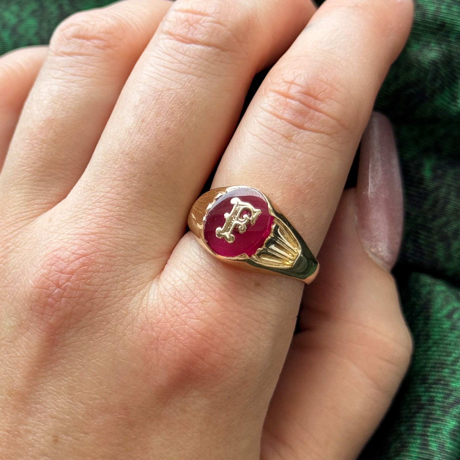 Synthetic Ruby Signet Initial "F" Ring | 2.75ct | SZ 11 |
