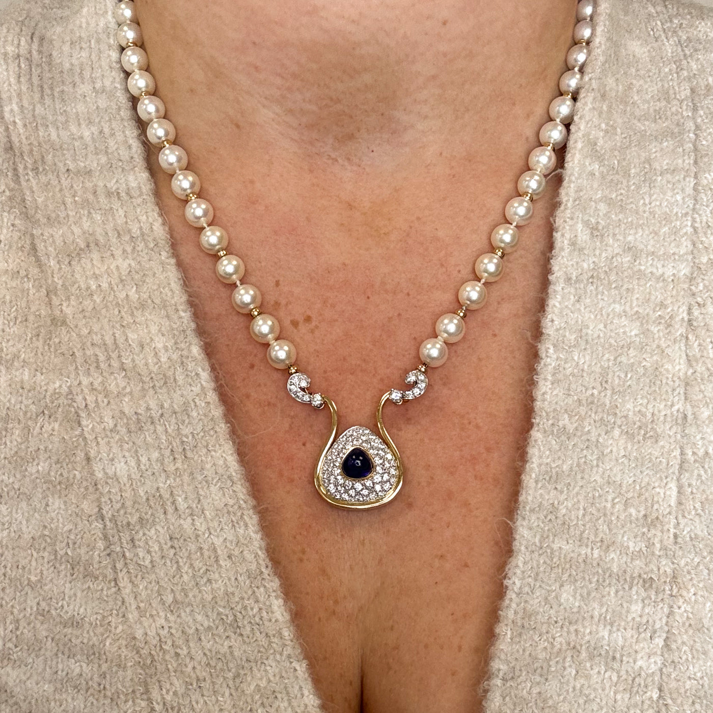 Yellow Gold Pearl Sapphire & Diamond Necklace | 3.12ct, 1.68ctw | 19.5" |