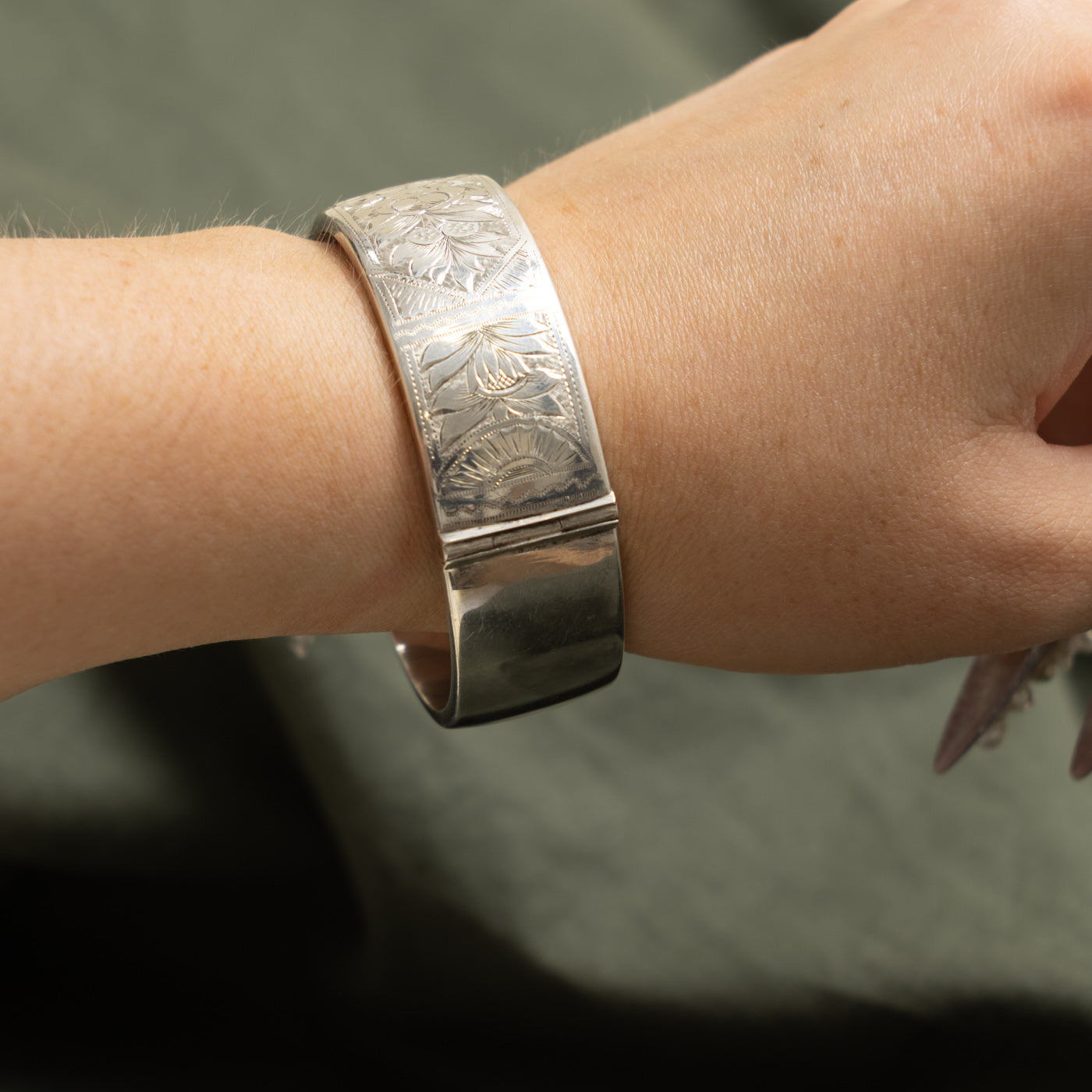 ‘Birks’ Sterling Silver Floral Engraved Bangle Bracelet | 7"