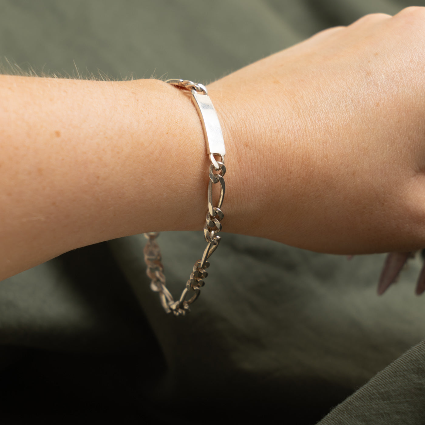 Sterling Silver ID Tag Figaro Chain Bracelet | 8.25"