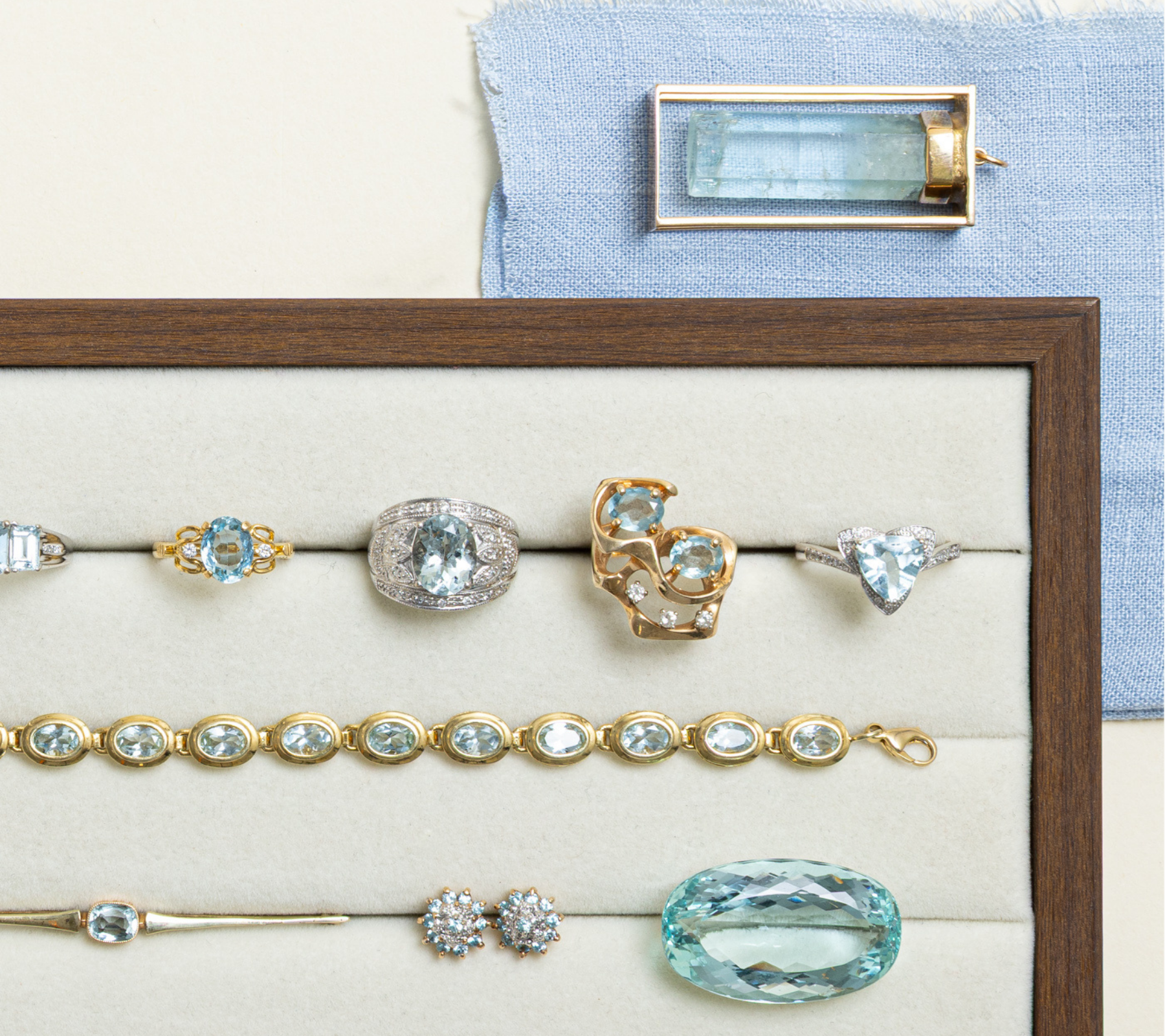 Assortment of vintage, aquamarine jewellery in gold and white gold settings, March birthstone collection