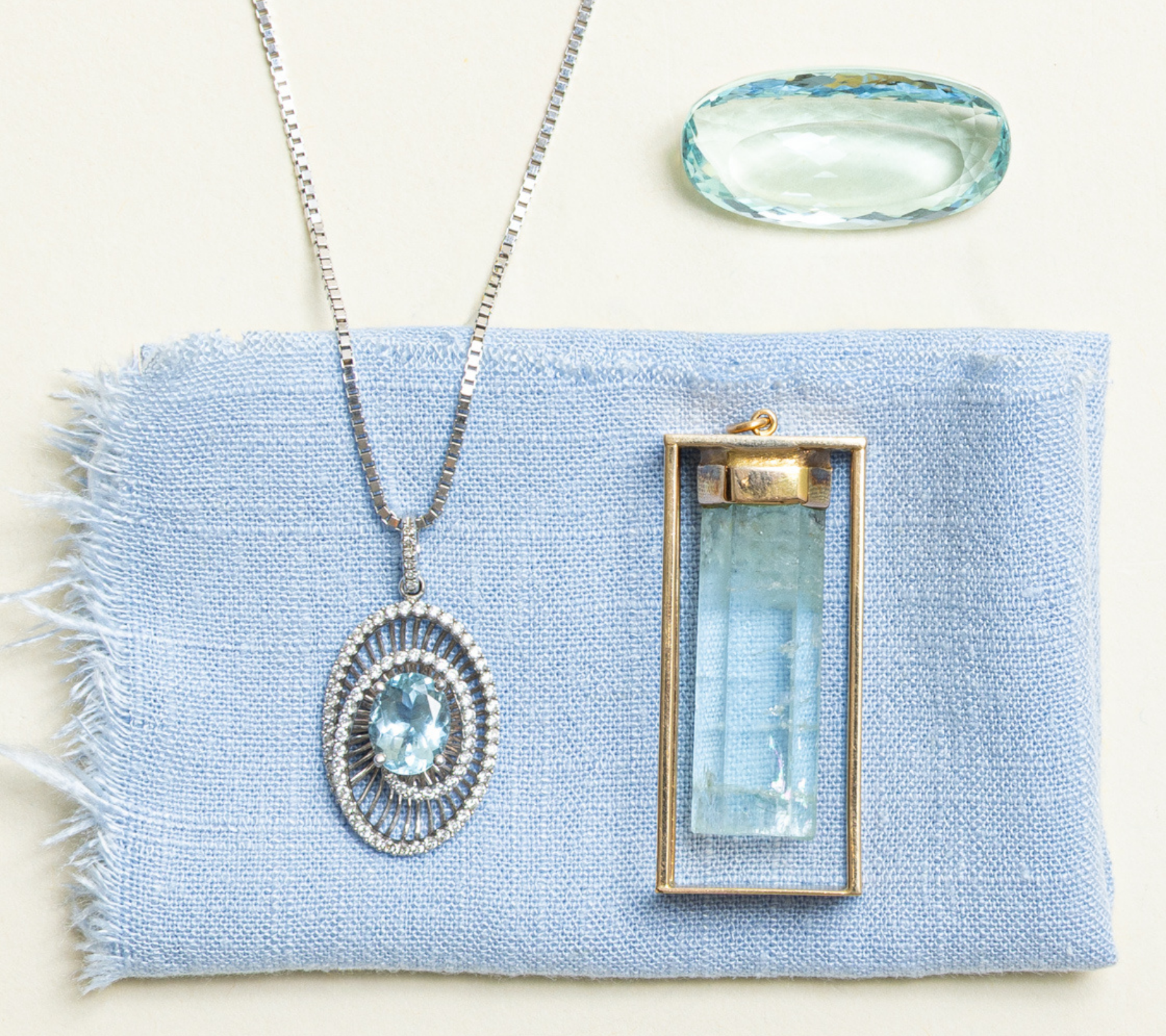 Vintage aquamarine pendant necklace with diamond halo, natural aquamarine crystal and large, oval aquamarine loose stone