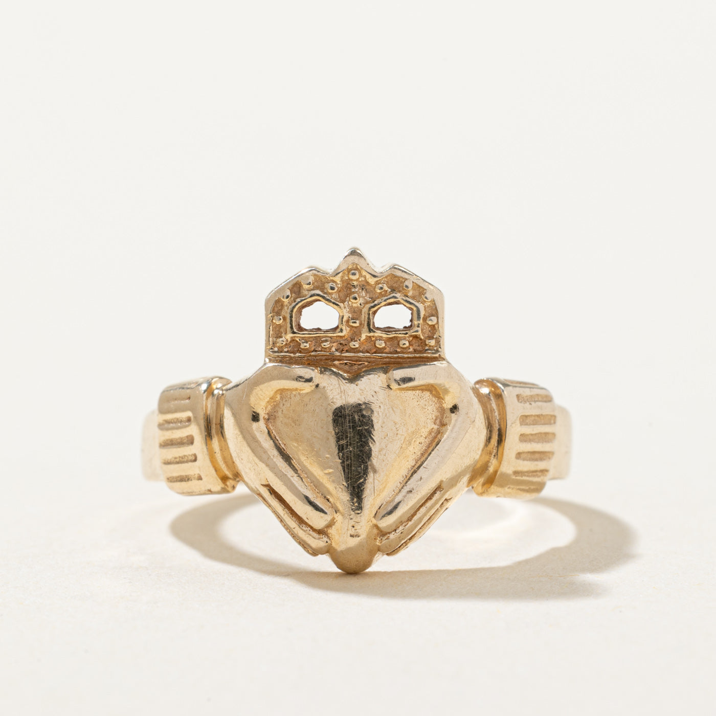 10k Yellow Gold Claddagh Ring | Top: 13.45mm, Band: 2.45mm | SZ 5.75