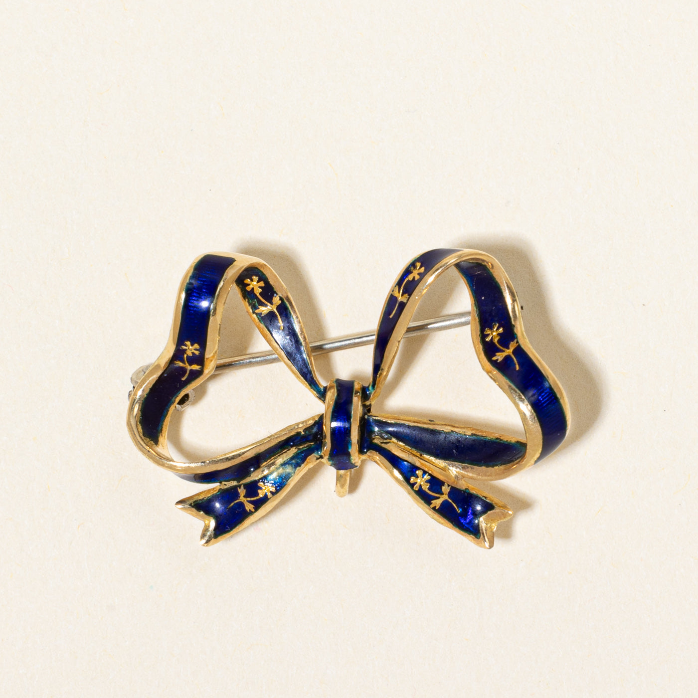 Vintage 18k Yellow Gold Enamel Bow Brooch