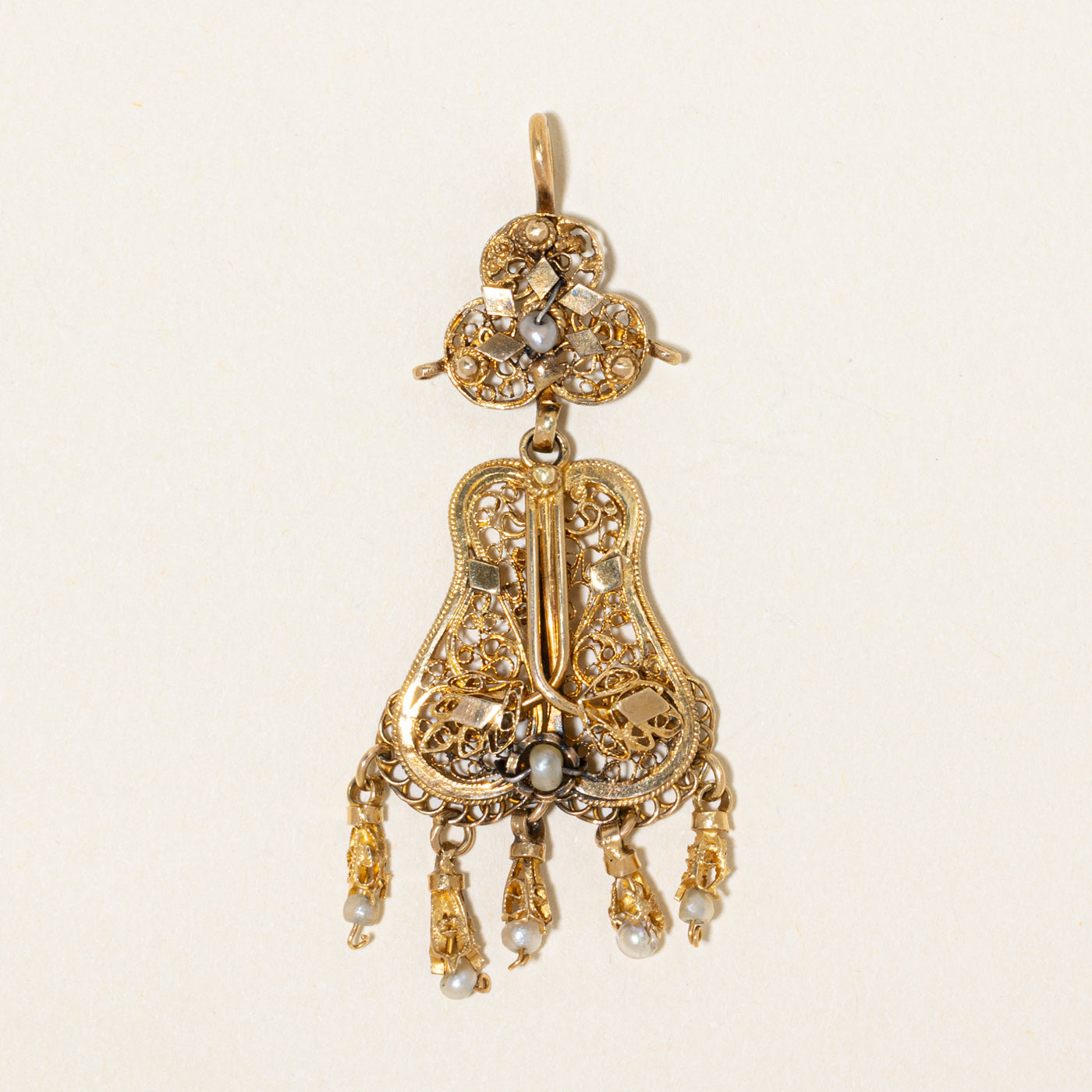 Vintage 18k Yellow Gold Seed Pearl Ornate Pendant