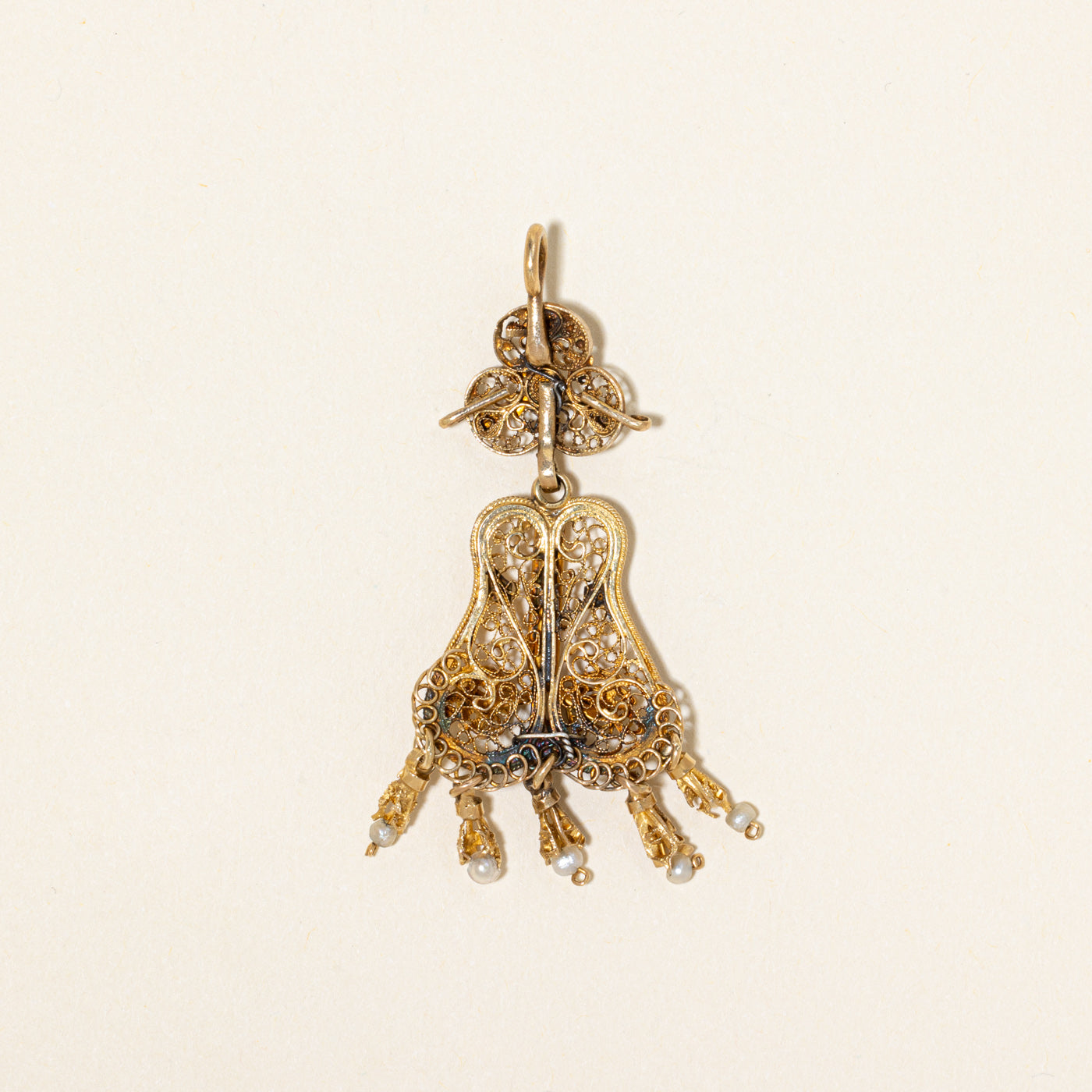 Vintage 18k Yellow Gold Seed Pearl Ornate Pendant