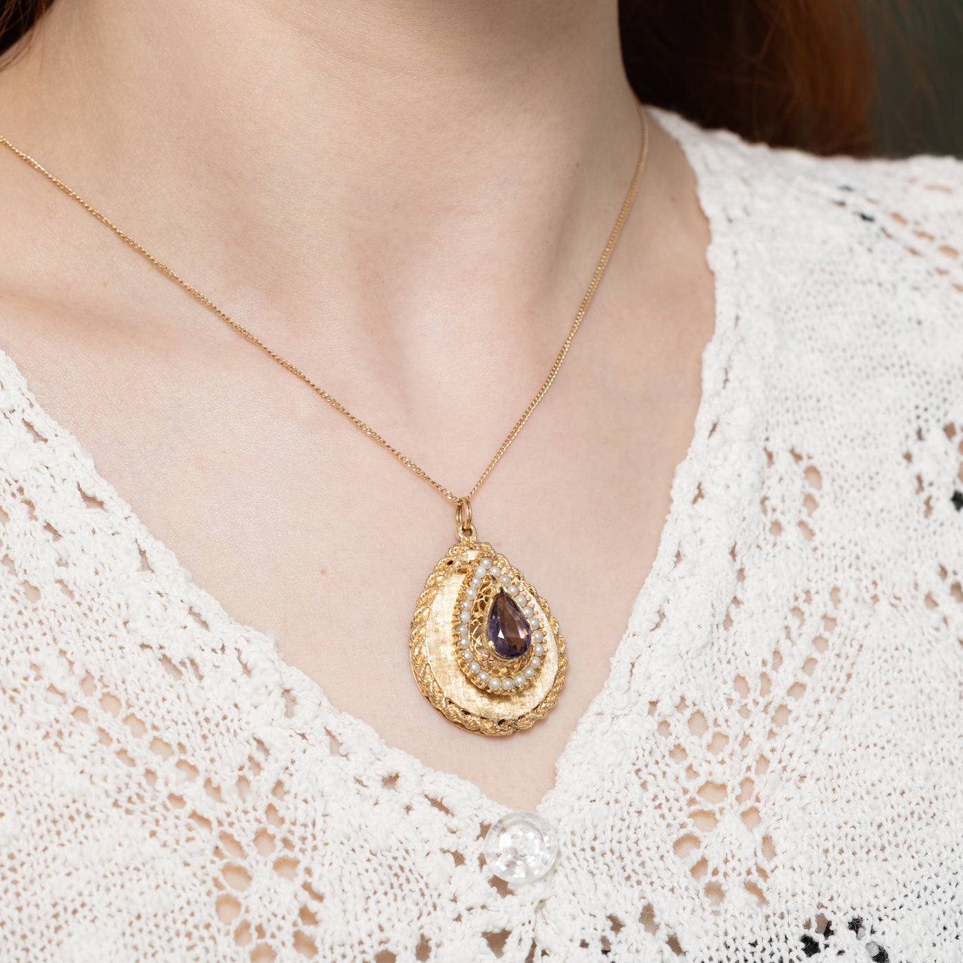 Purple Glass & Pearl Pear Shaped Pendant | 2.50ct