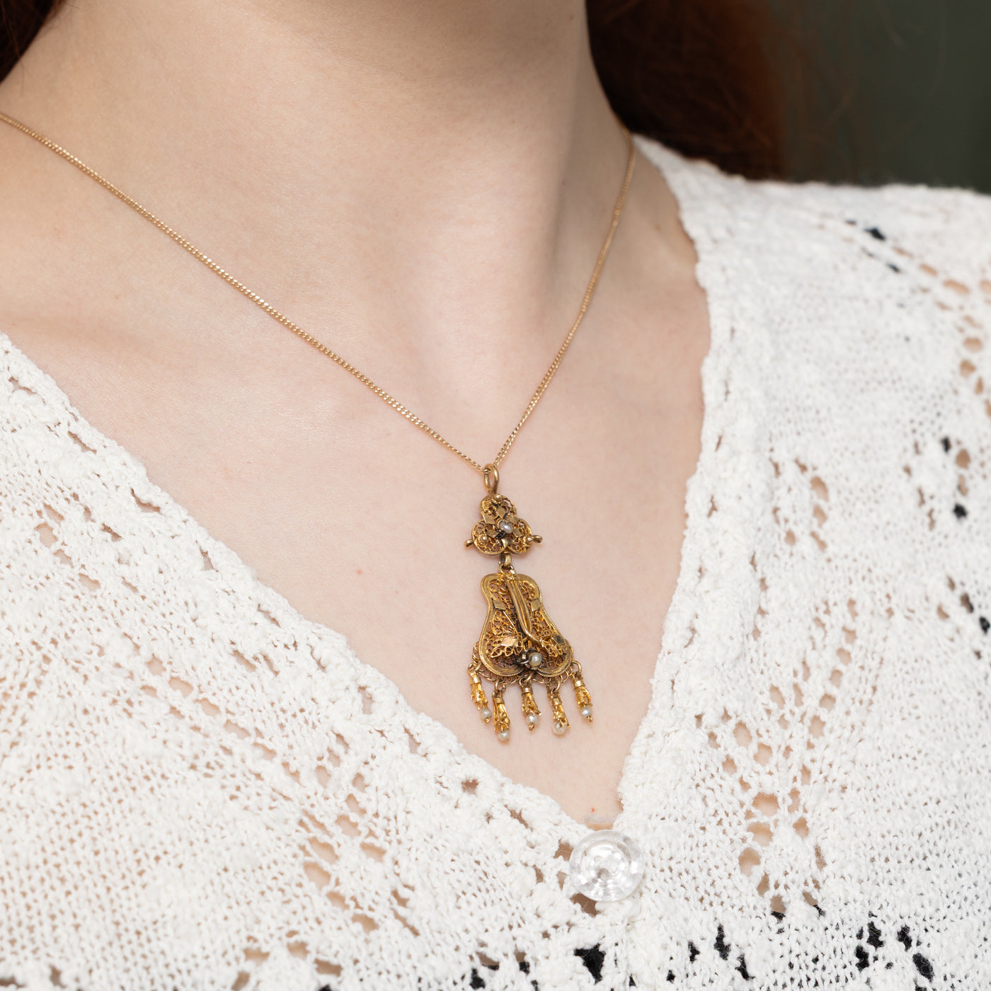 Vintage 18k Yellow Gold Seed Pearl Ornate Pendant