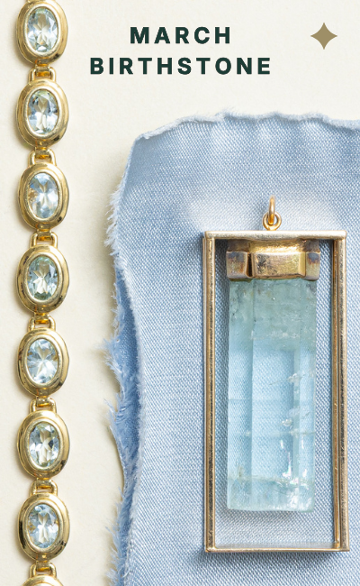 Aquamarine crystal pendant and oval aquamarine bracelet in yellow gold, March birthstone jewellery. Text reads March birthstone