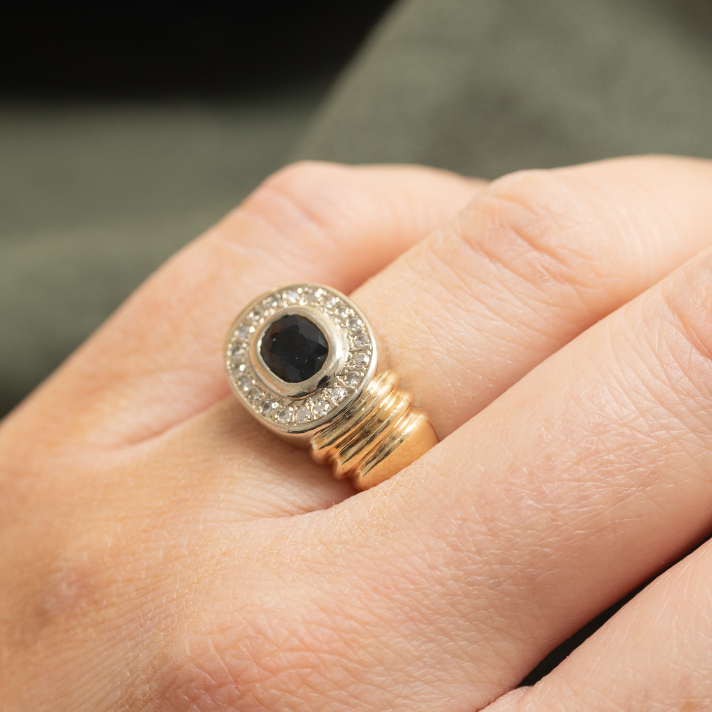 Sapphire & Diamond Halo Grooved Chunky Ring | 0.80ct, 0.10ctw | SZ 5.5