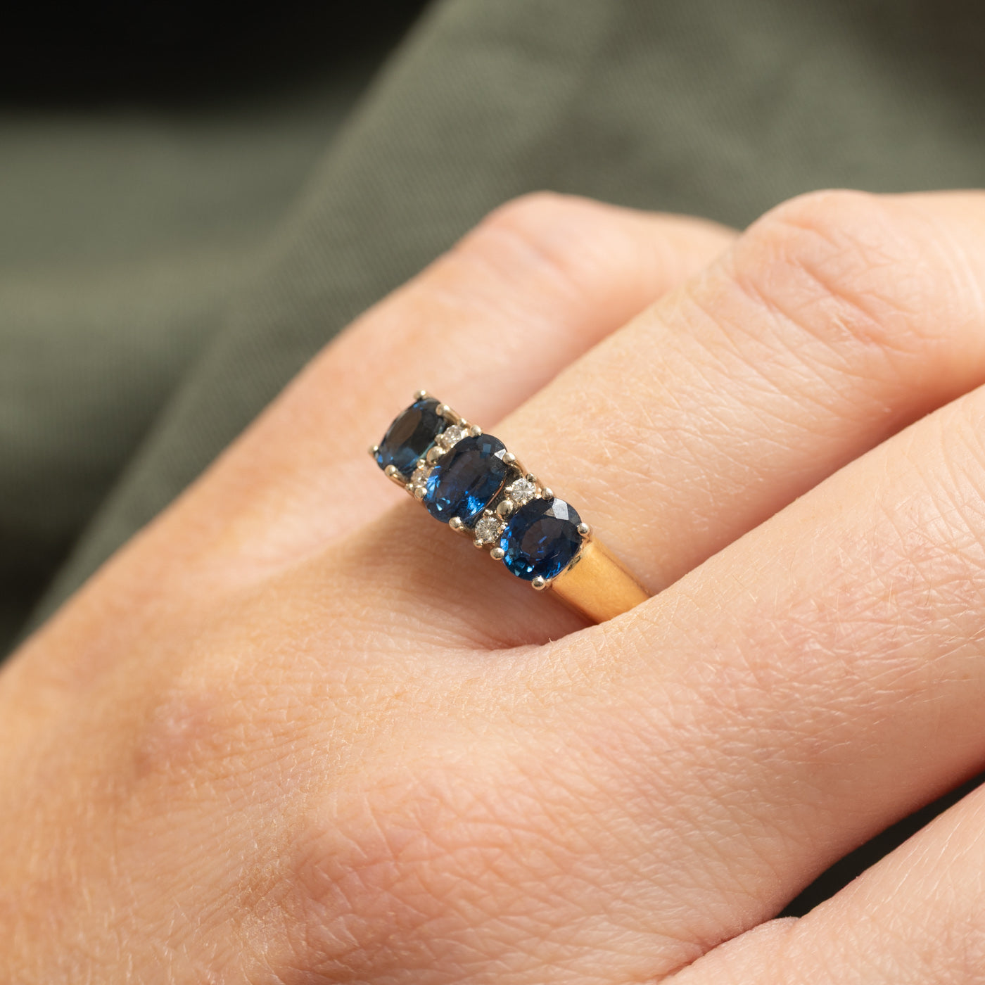 'Birks' Three Stone Sapphire & Diamond Ring | 1.20ctw, 0.02ctw | SZ 8.75