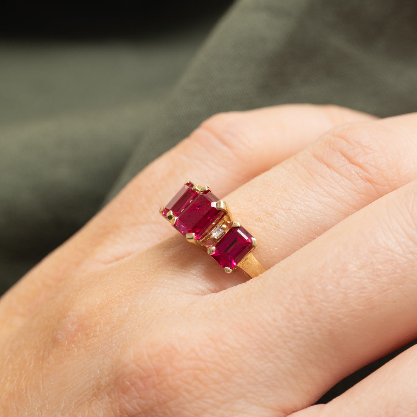 Three Stone Synthetic Ruby & Natural Diamond Accented Ring | 2.80ctw, 0.08ctw | SZ 5.25
