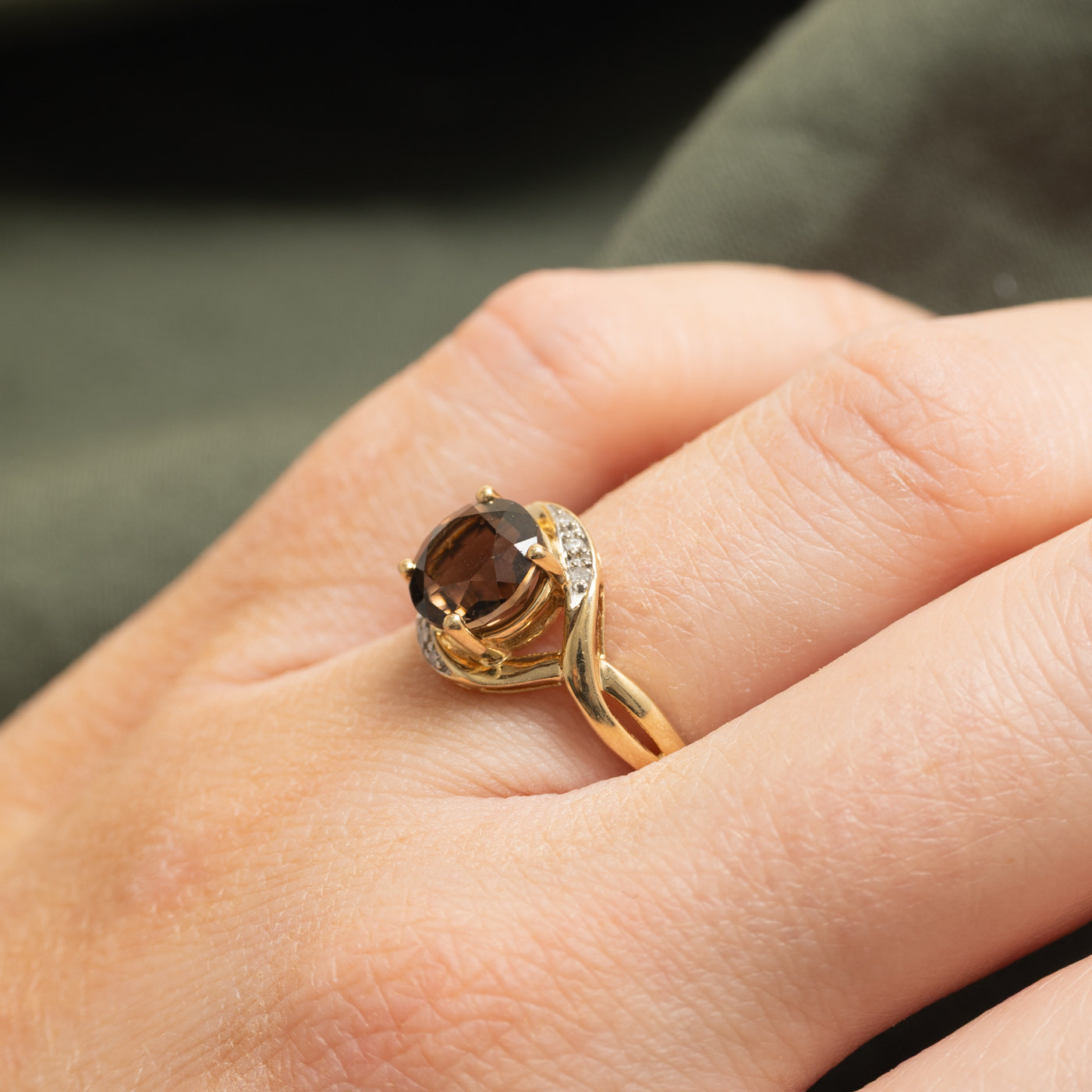 Round Cut Smoky Quartz & Diamond Cross Over Ring | 1.50ct, 0.03ct | SZ 7.0