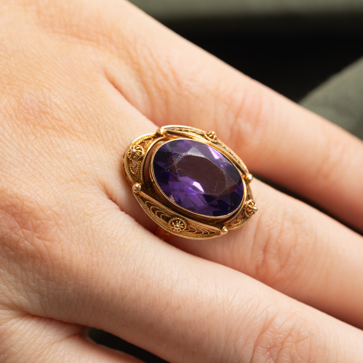 Oval Cut Amethyst Textured Scrollwork Cocktail Ring | 6.50ct | SZ 5