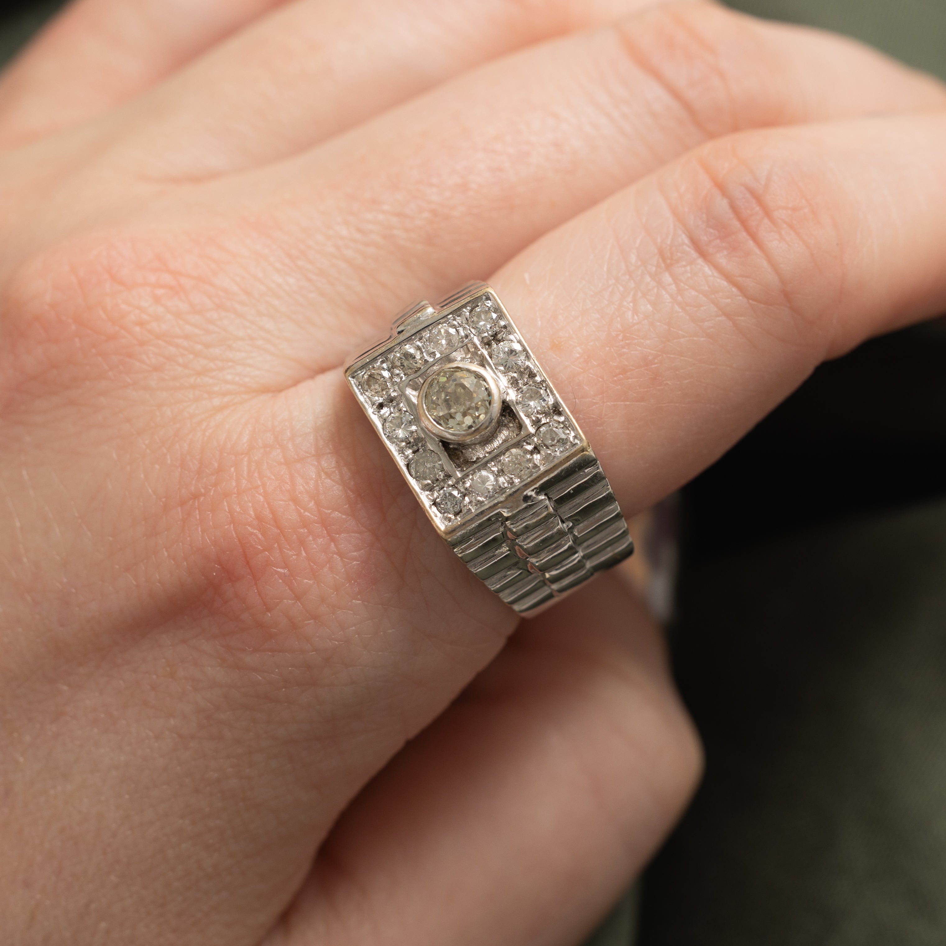 14k Diamond Square Halo Grooved Cocktail Ring | 1.05ctw | SZ 10.5