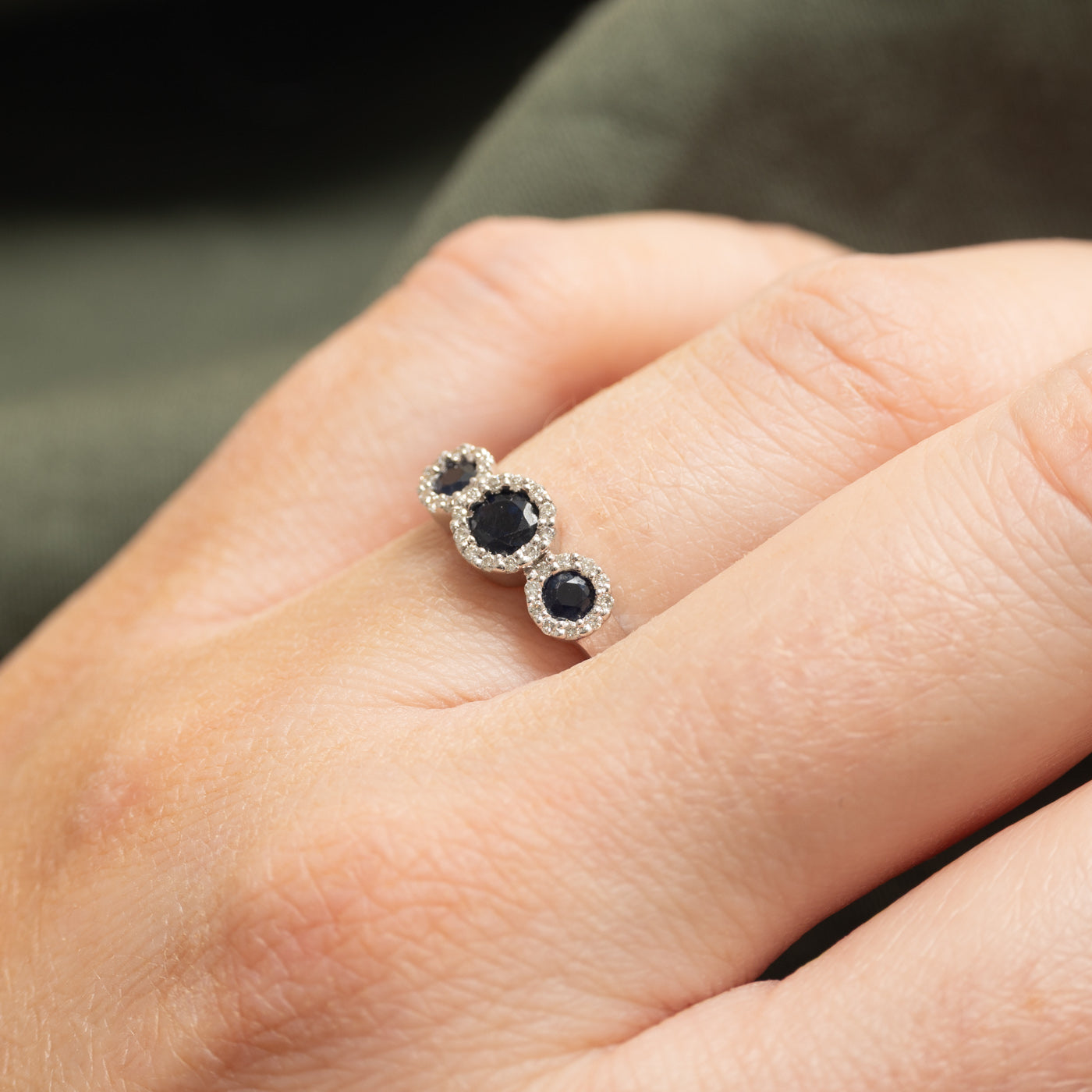 Three Stone Sapphire & Diamond Halo Ring | SZ 4.75