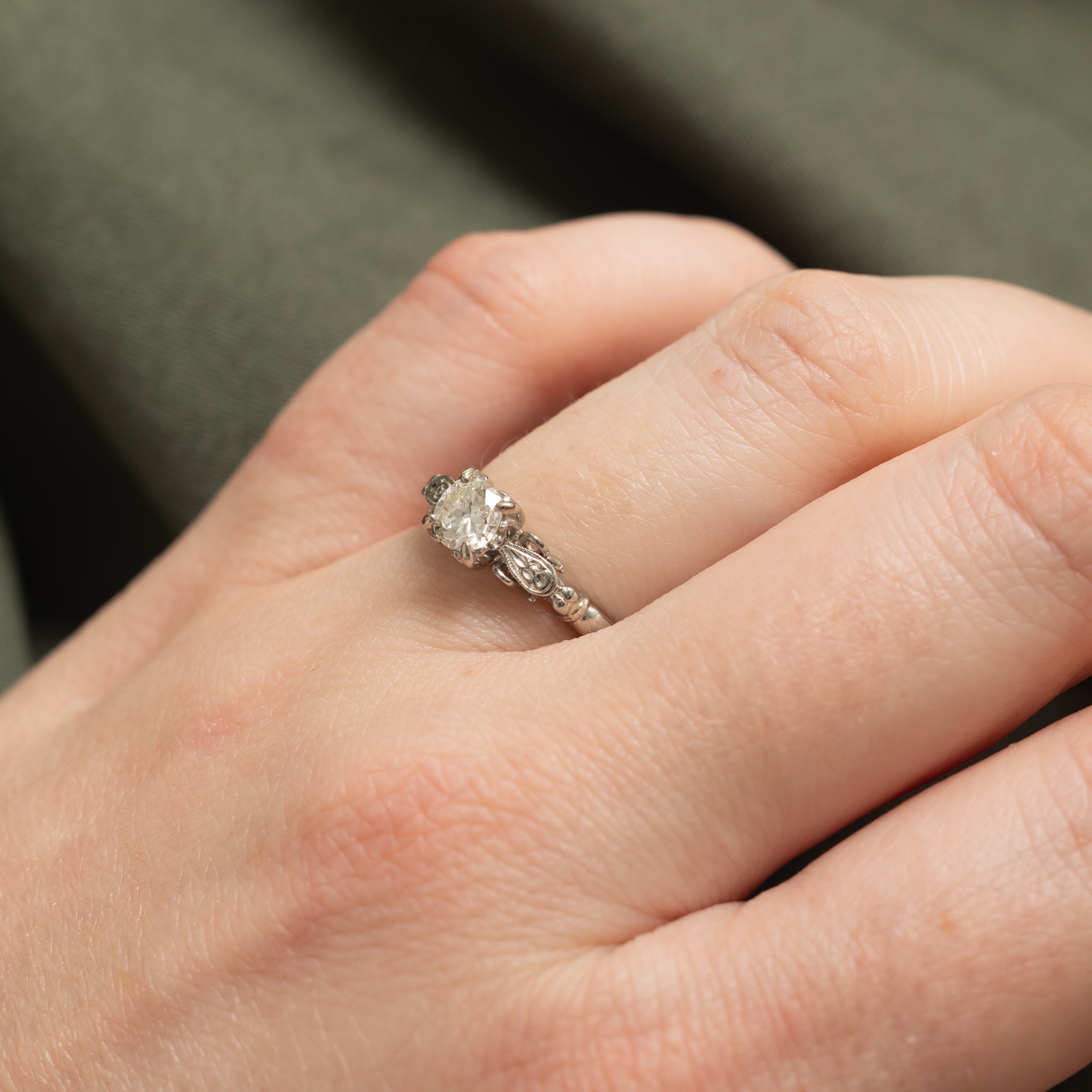 Art Deco 18k White Gold Transitional Cut Diamond Solitaire Ring | 0.40ct | SZ 5.25