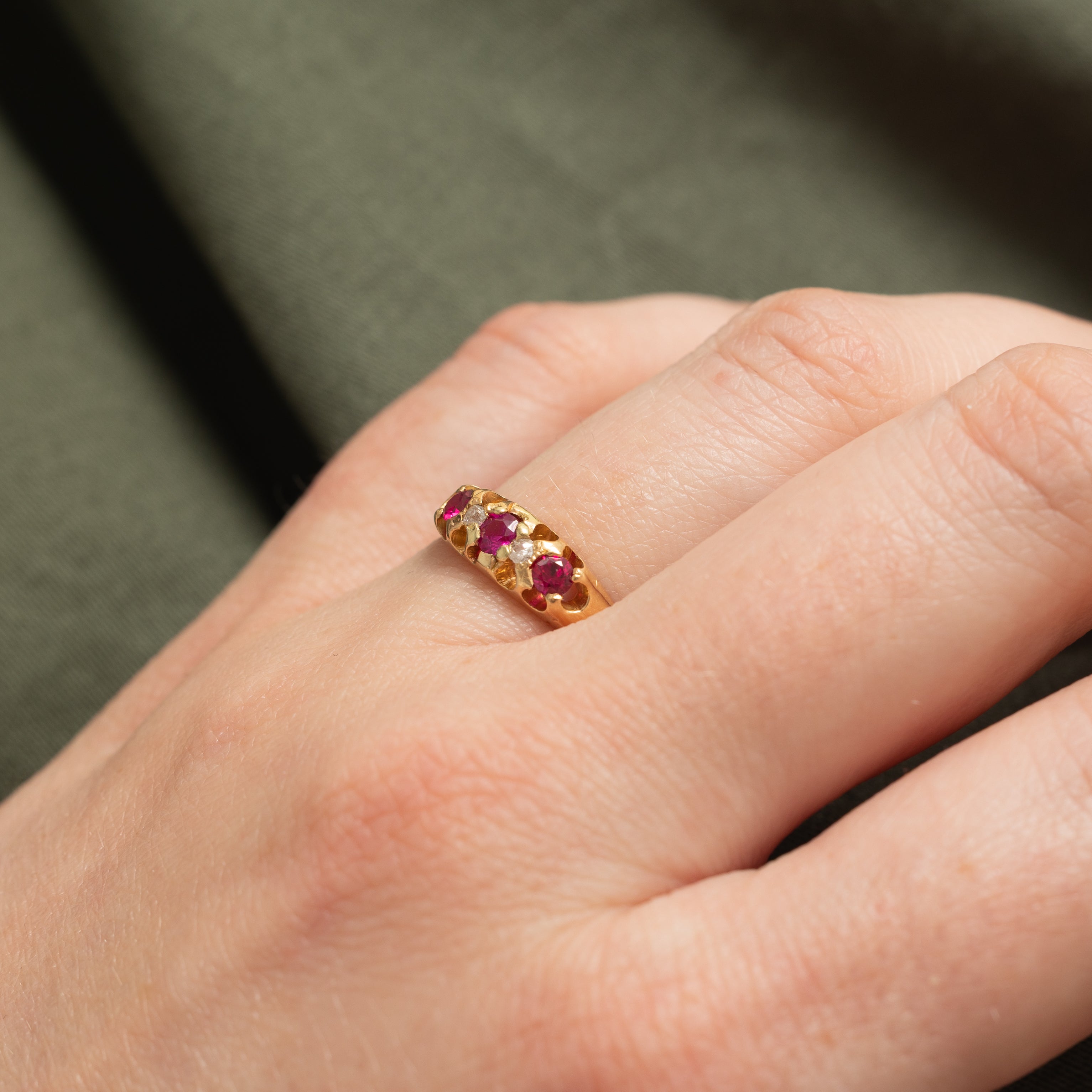 18k Synthetic Ruby & Natural Diamond Boat Ring | 0.35ctw, 0.06ctw | SZ 6.75