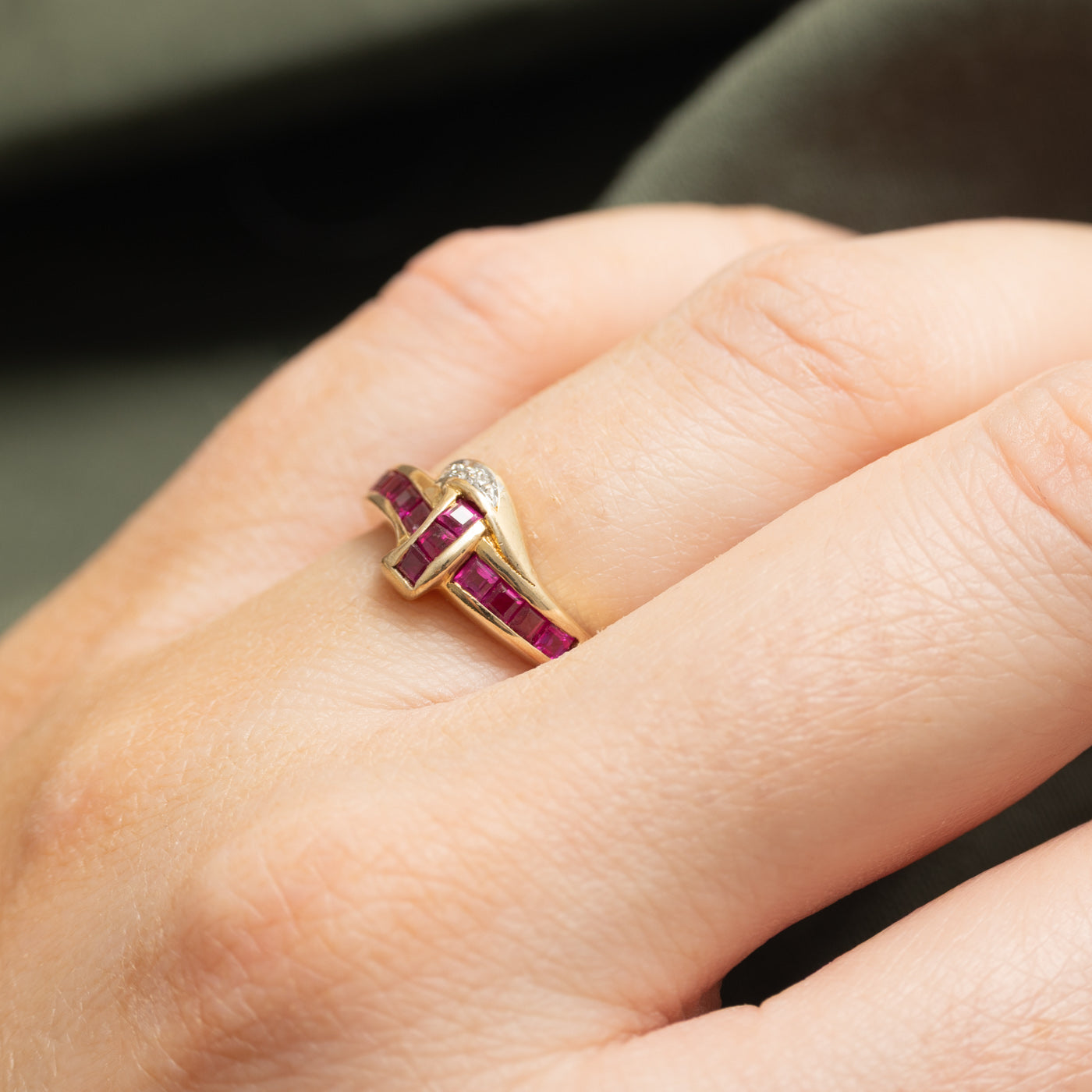 Channel Set Ruby & Diamond Cross Over Ring | 0.21ctw, 0.01ctw | SZ 4.75