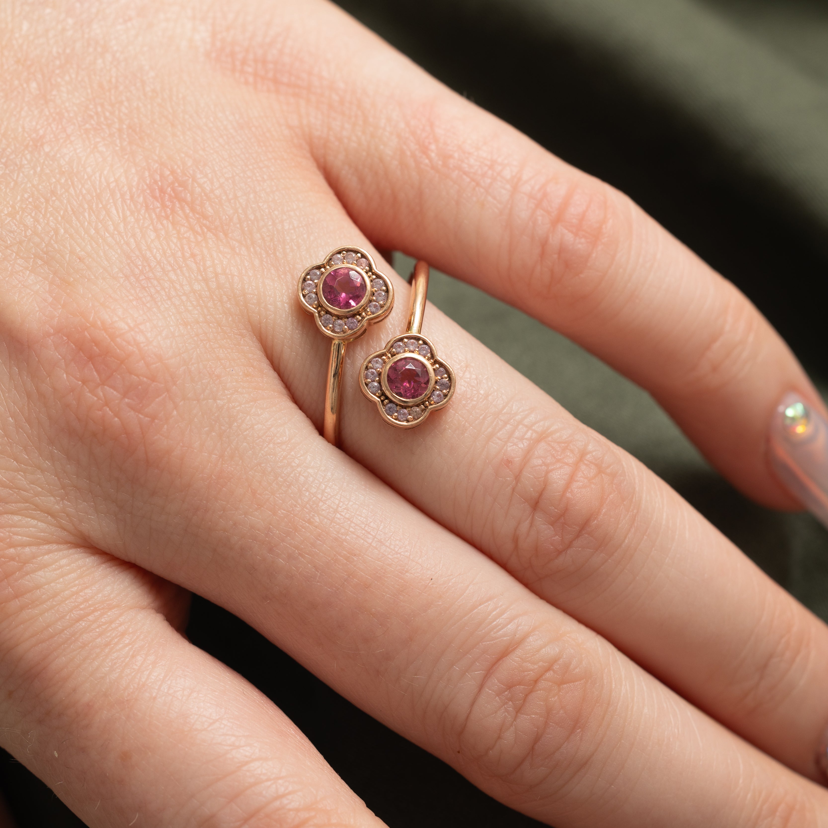 10k Pink Sapphire & Tourmaline Floral Ring | 0.36ctw, 0.18ctw | SZ 8