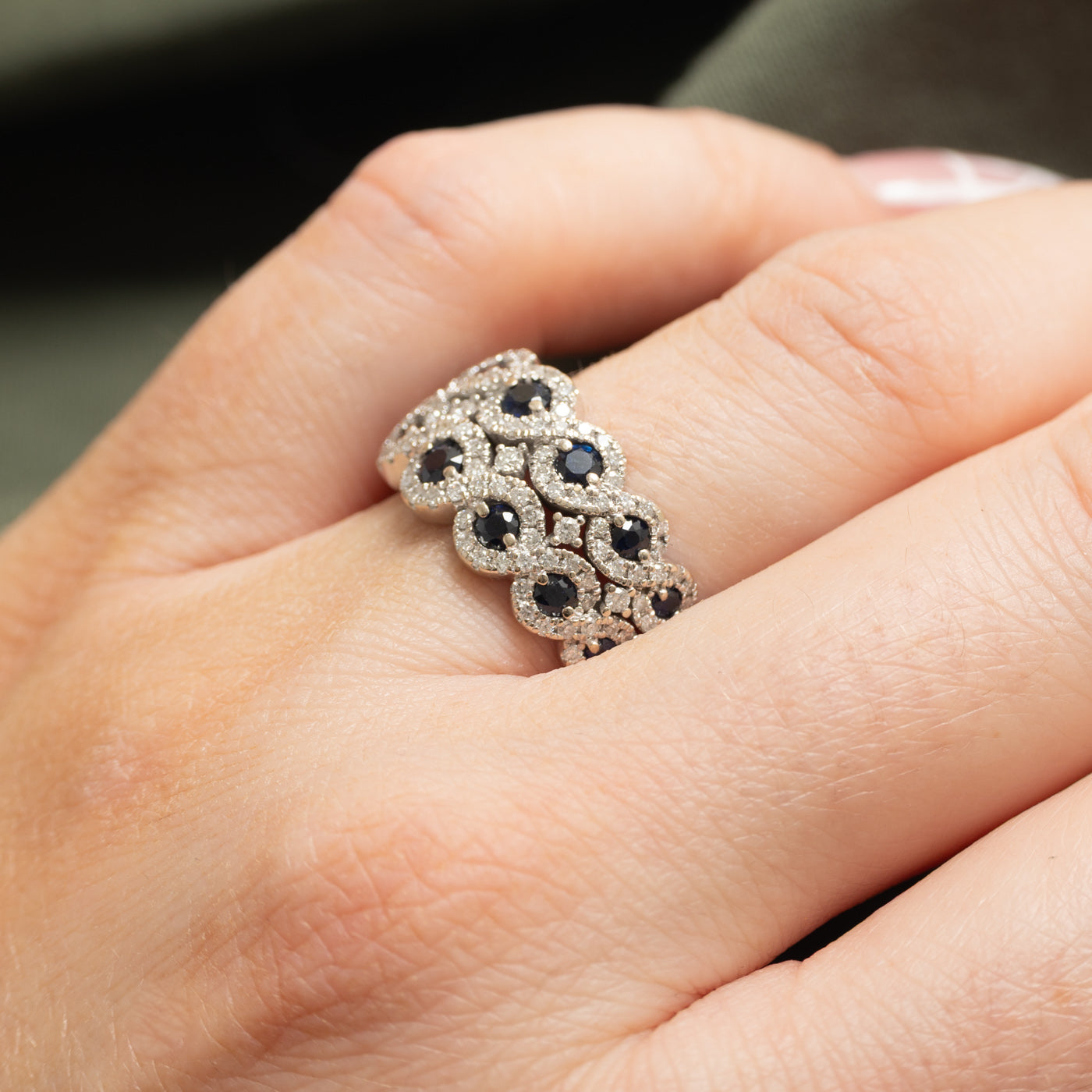 Bague demi-éternité double rangée saphirs et diamants sertis halo | 0,80 ct, 0,50 ct | Taille 7,5