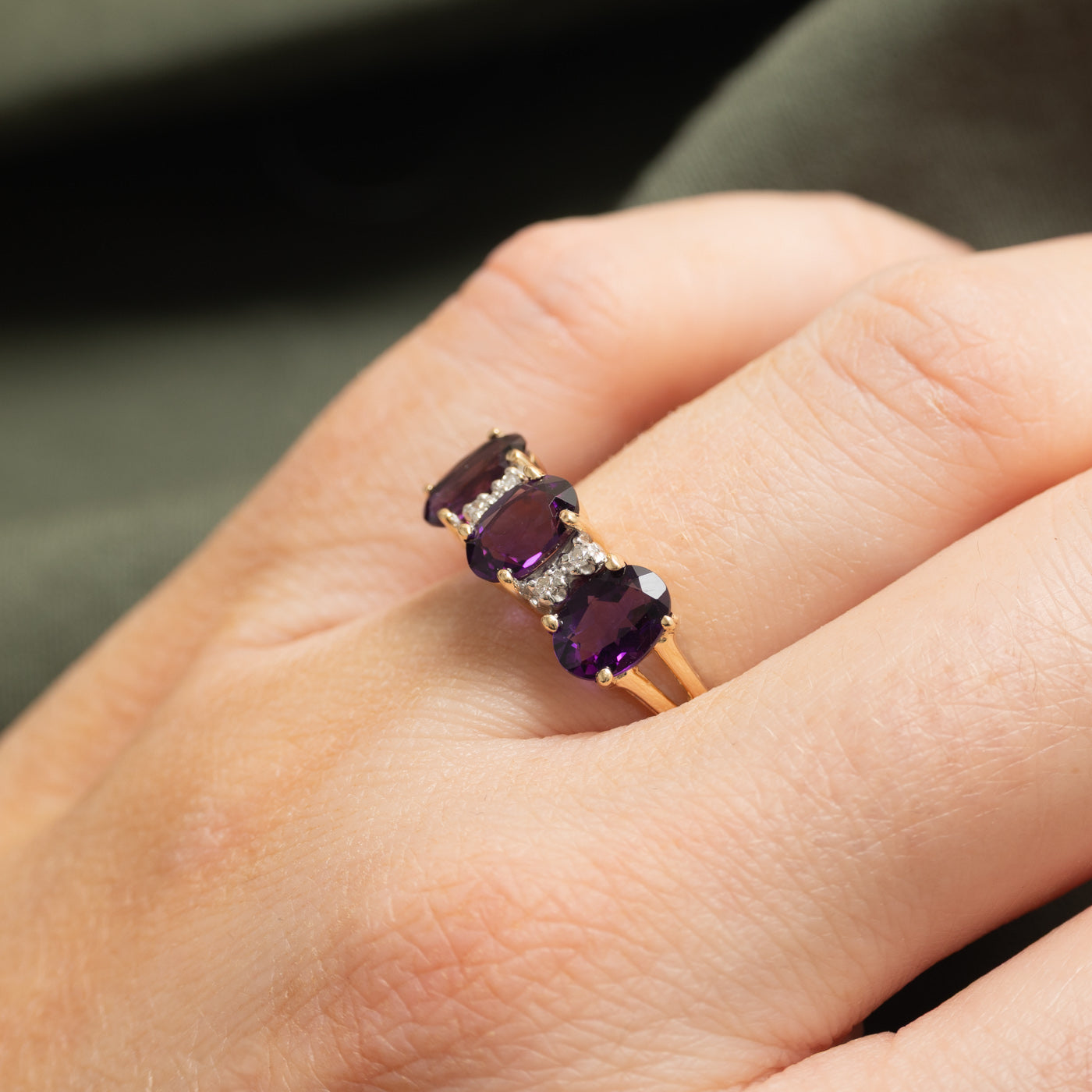 Three Stone Amethyst & Diamond Ring | 1.70ctw, 0.02ctw | SZ 6.0