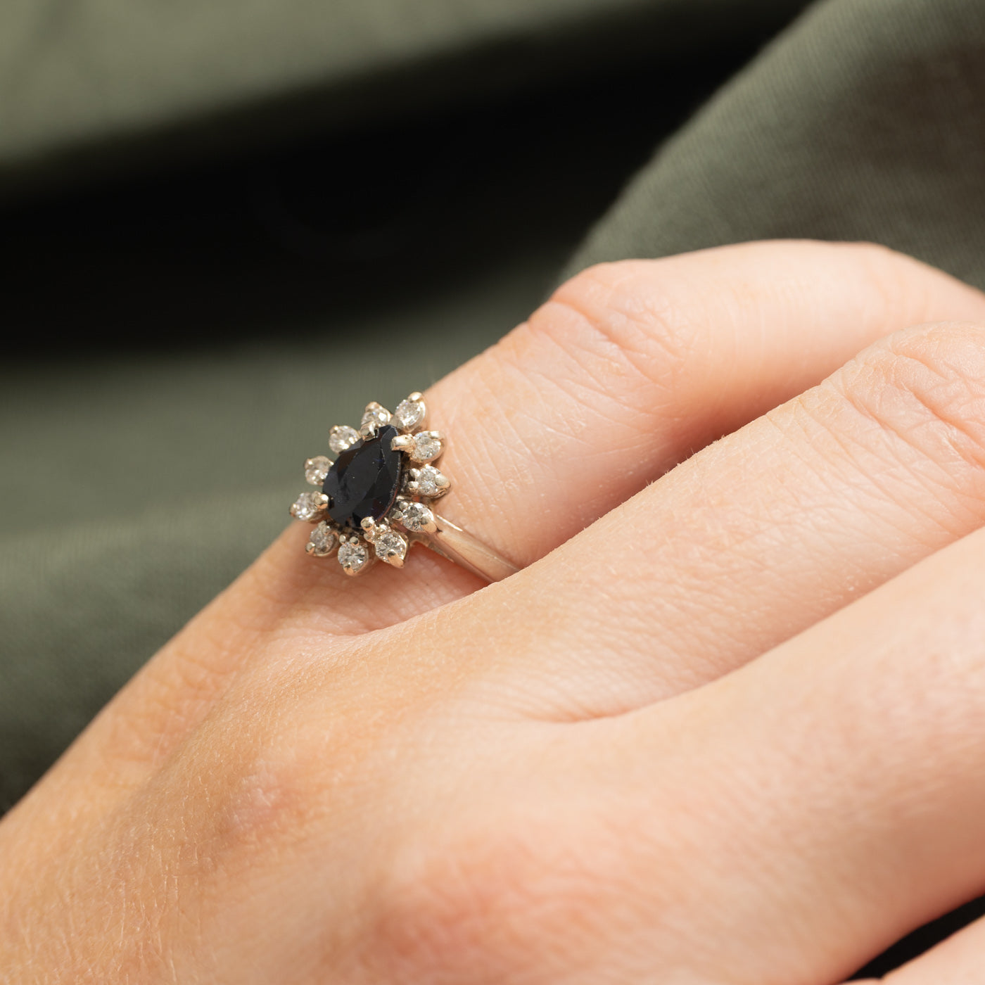 Pear Cut Sapphire & Diamond Petal Halo Ring | 0.70ct, 0.16ctw | SZ 4.0