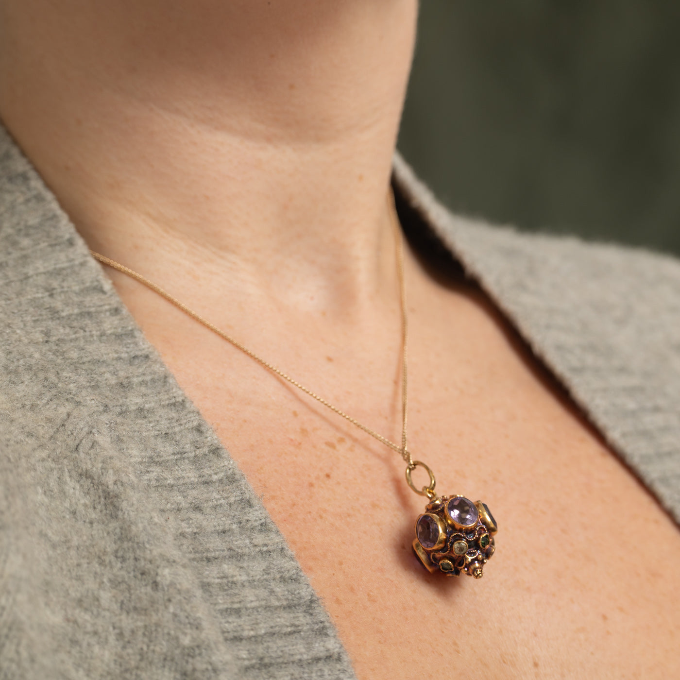 18k Bezel Set Amethyst & Tourmaline Ornate Charm | 9.00ctw, 1.20ctw