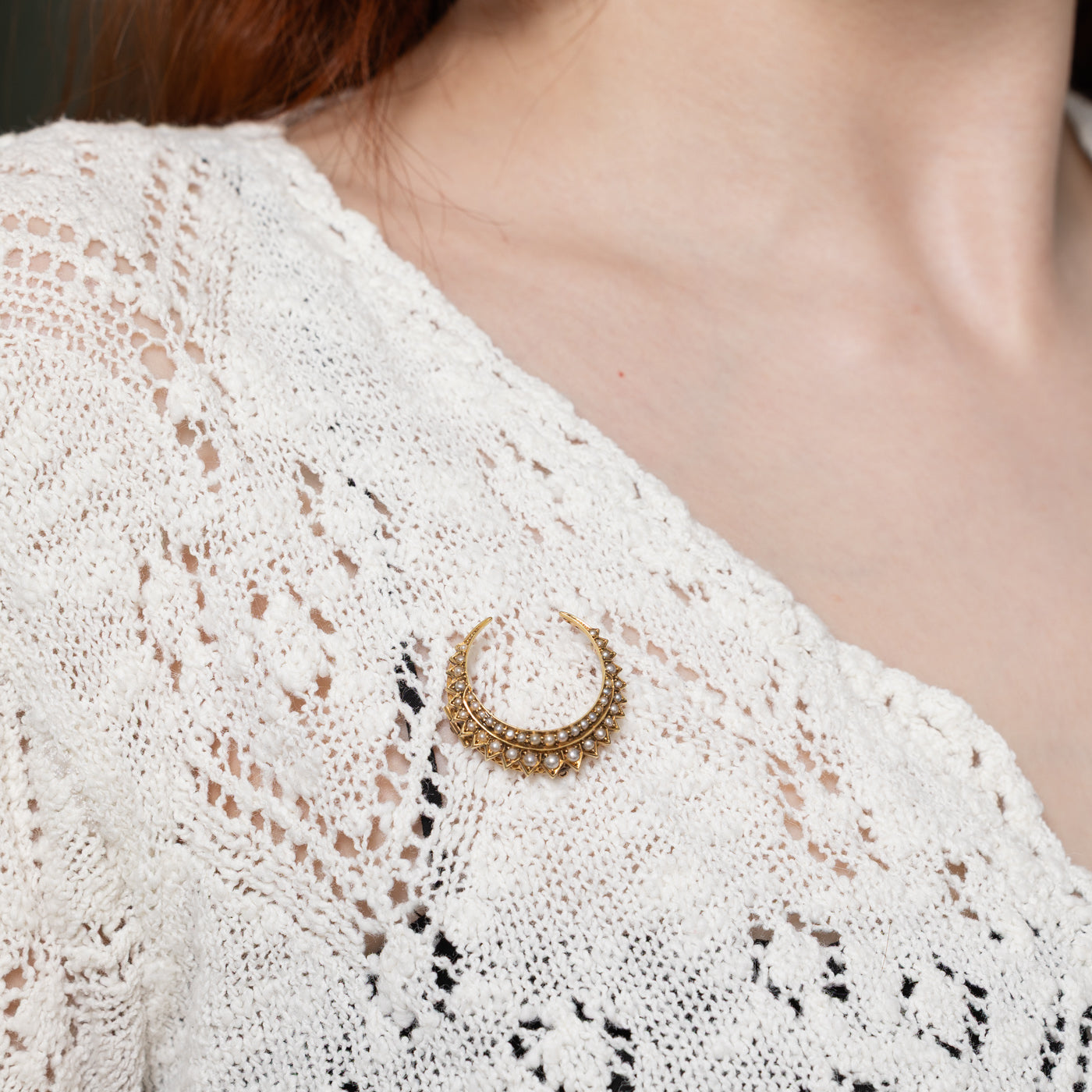 Victorian Crescent Moon Seed Pearl Brooch