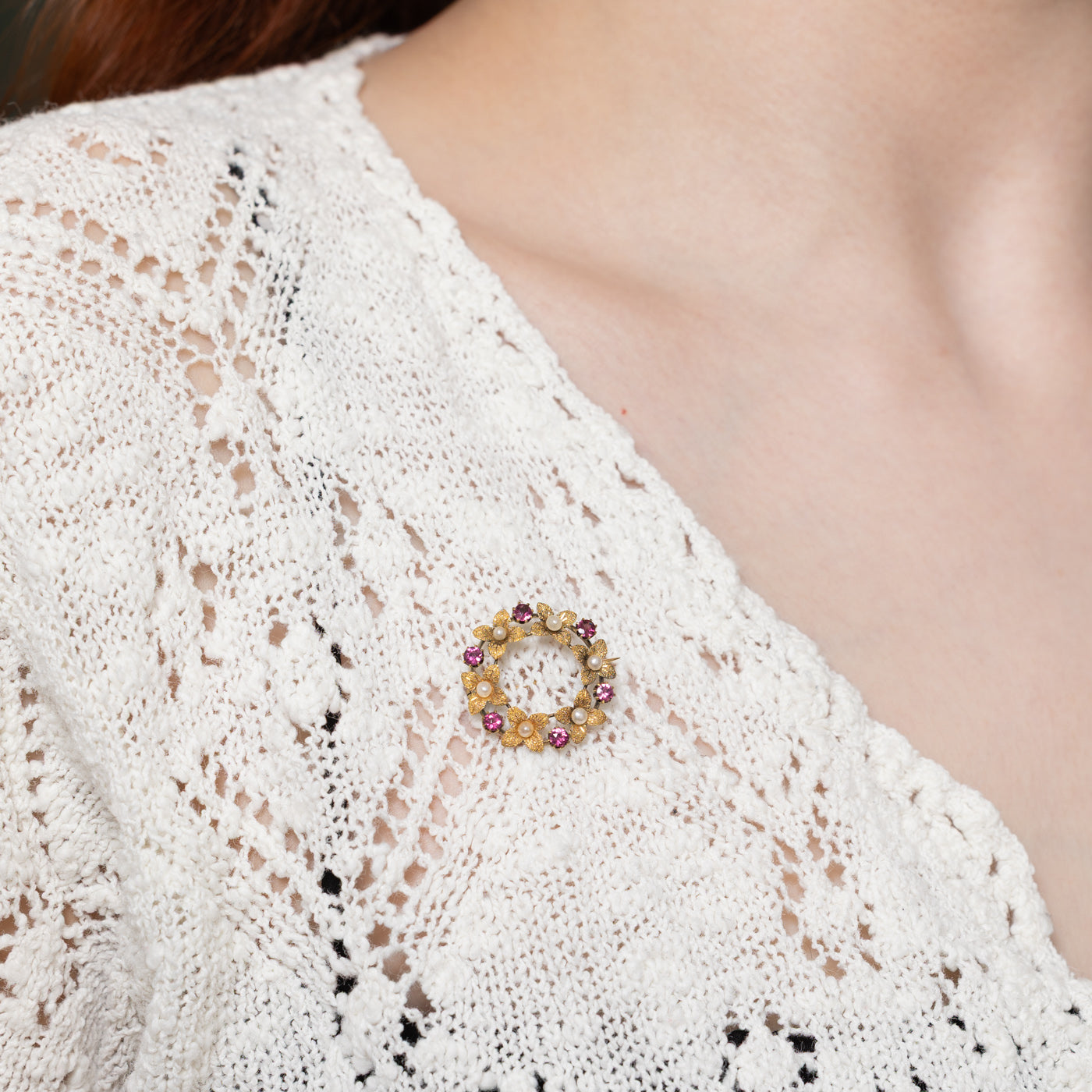Pink Tourmaline & Pearl Wreath Brooch | 0.40ctw