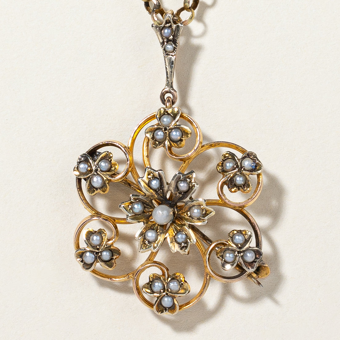 Antique Seed Pearl Pendant & Brooch Necklace | 18" |