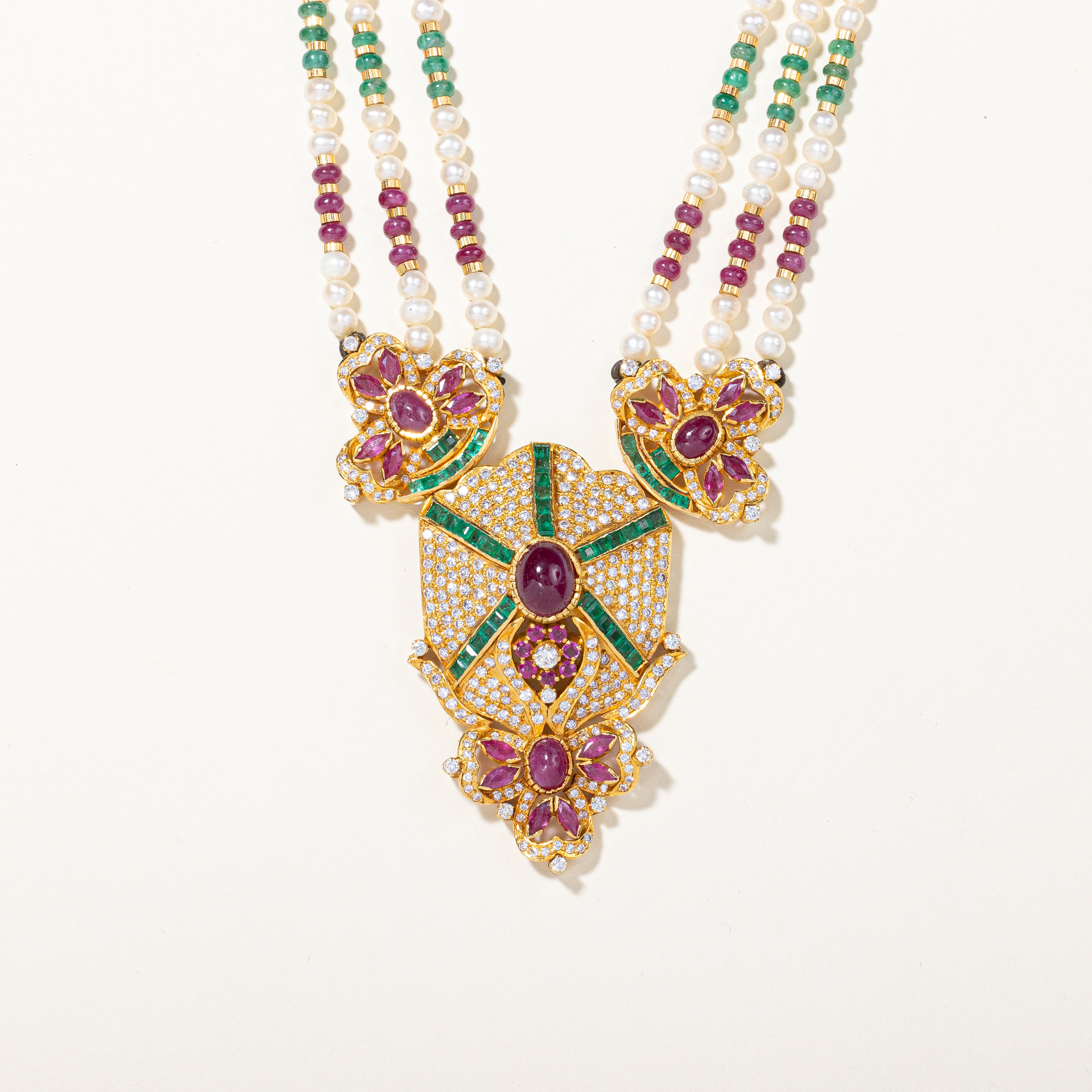 Ruby Diamond Emerald and Pearl Necklace | 14.51ctw | 18" |