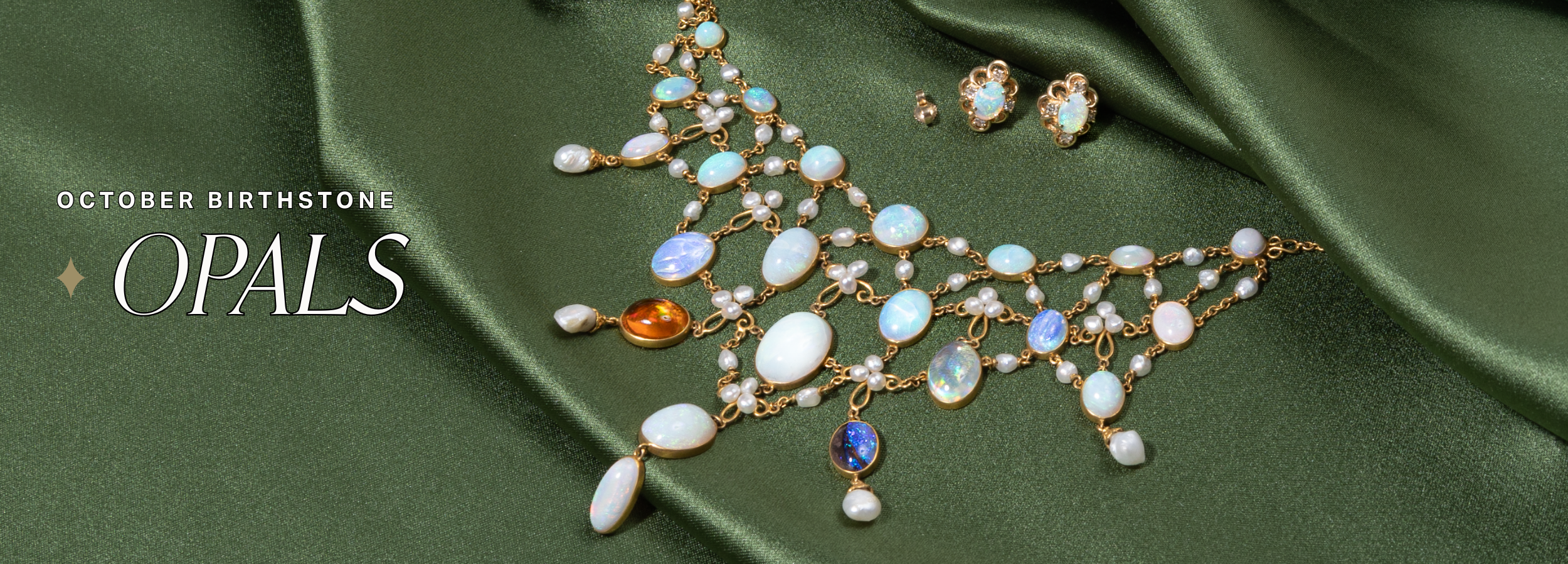 Ornate, detailed opal statement necklace with vintage, yellow gold opal stud earrings on olive green satin fabric. Text reads: 'October Birthstone Opals'.