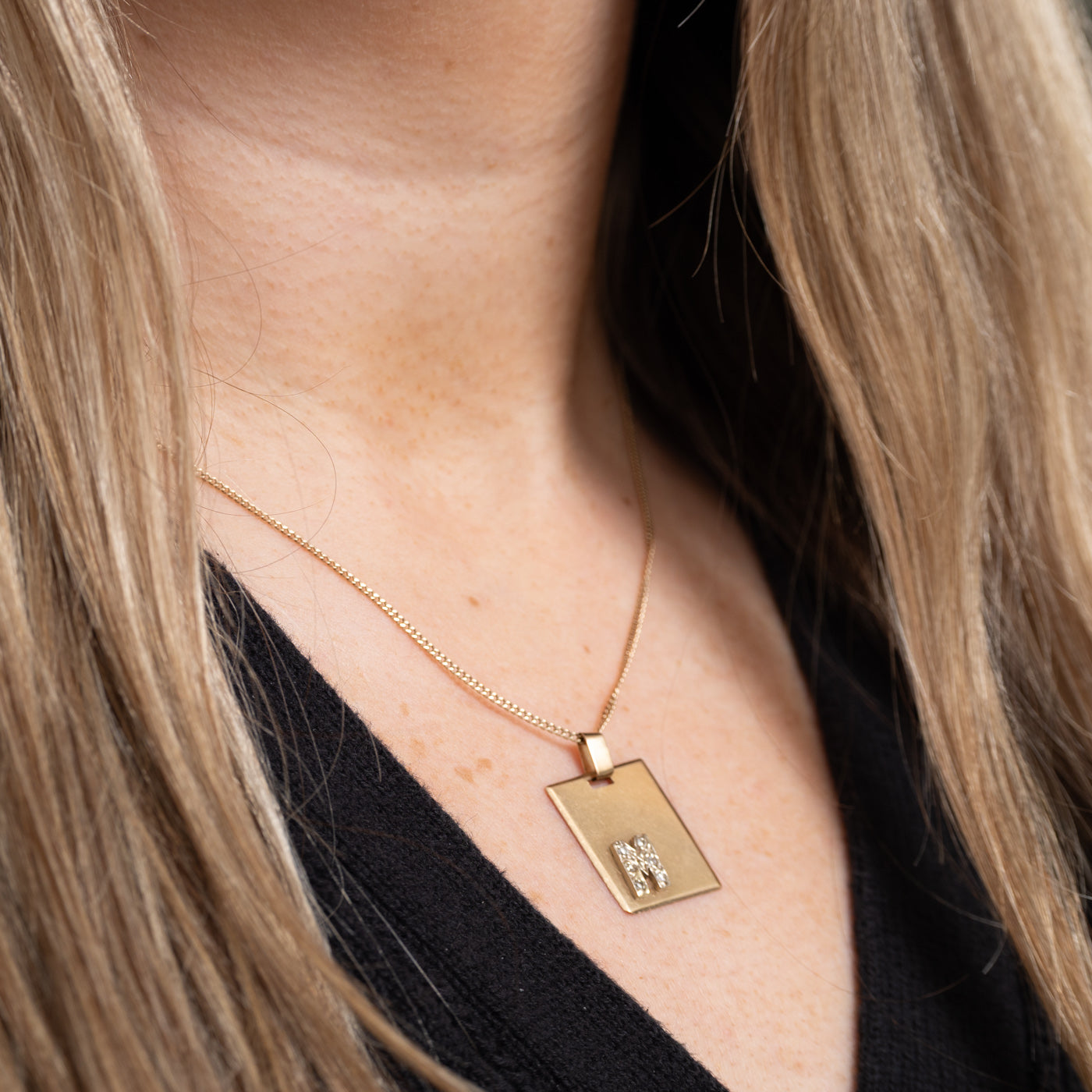 14K "M" Initial Tag Pendant