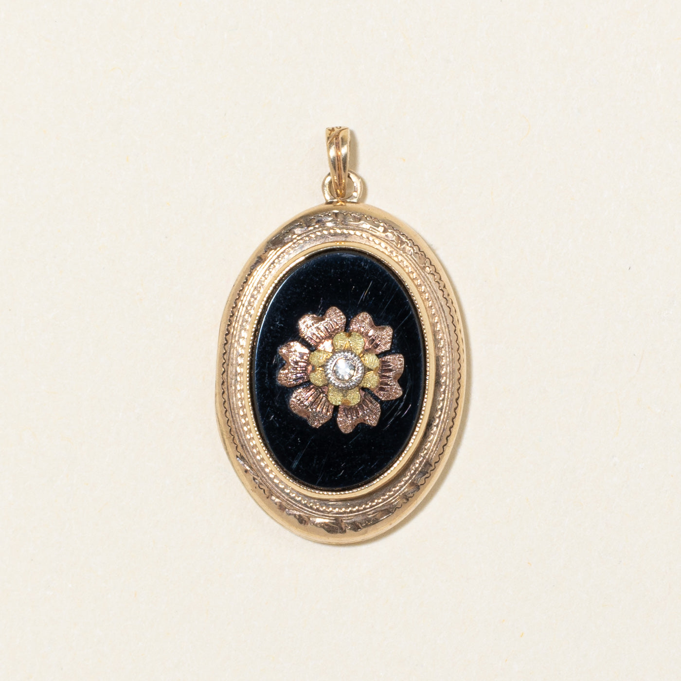 Bezel Set Onyx & Diamond Engraved Flower Locket | 4.00ct, 0.01ct