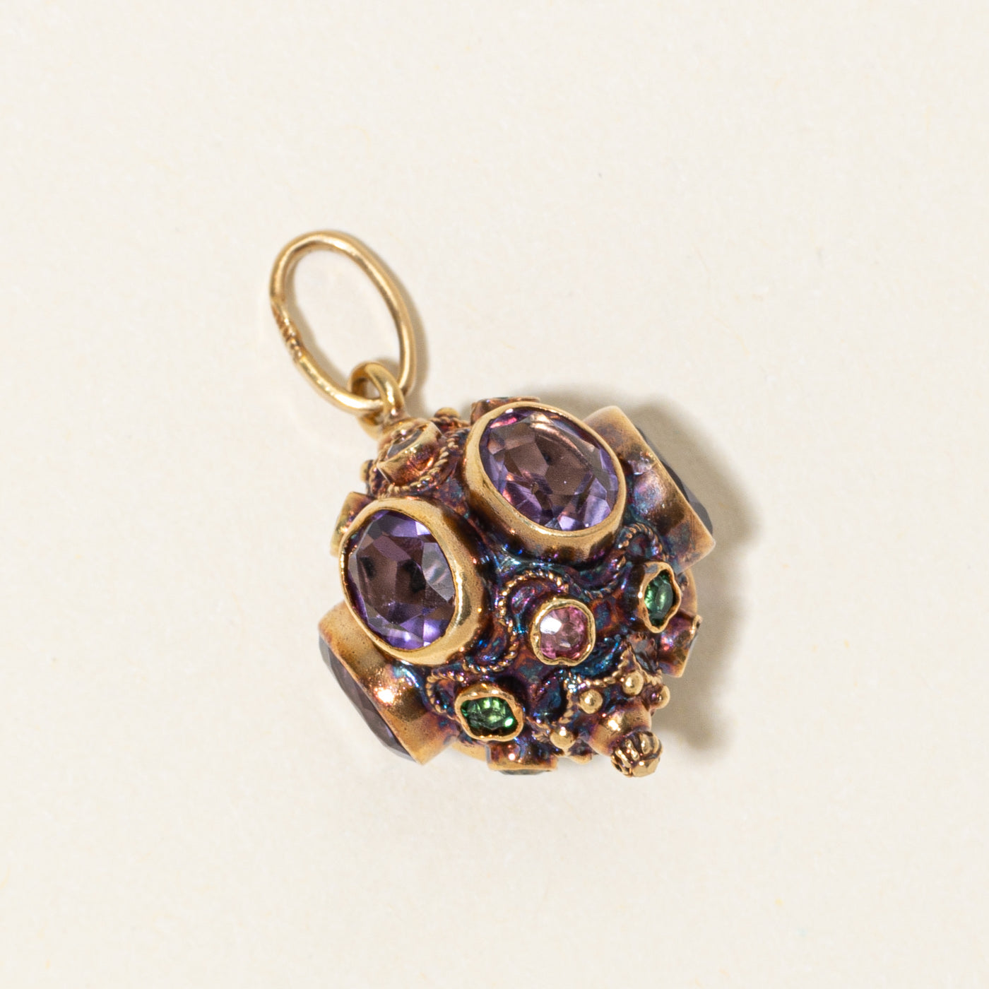 18k Bezel Set Amethyst & Tourmaline Ornate Charm | 9.00ctw, 1.20ctw
