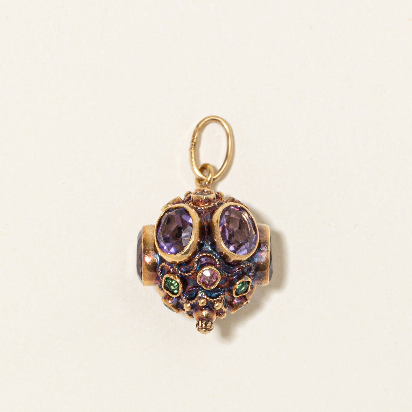 18k Bezel Set Amethyst & Tourmaline Ornate Charm | 9.00ctw, 1.20ctw