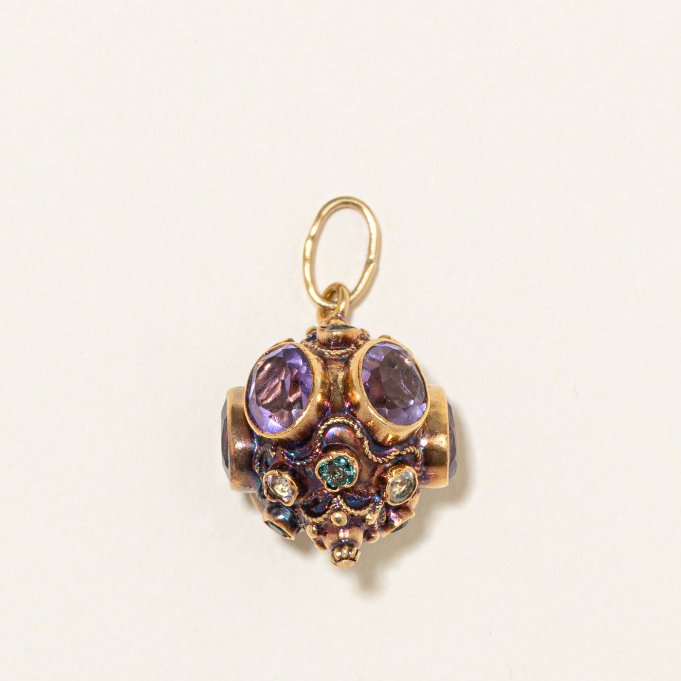 18k Bezel Set Amethyst & Tourmaline Ornate Charm | 9.00ctw, 1.20ctw