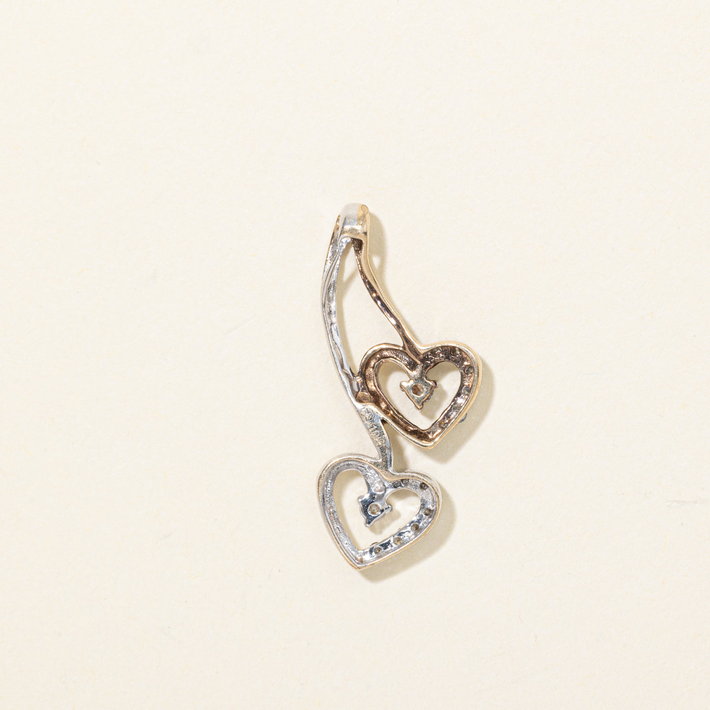 10K Two Tone Gold Diamond Double Heart Drop Pendant